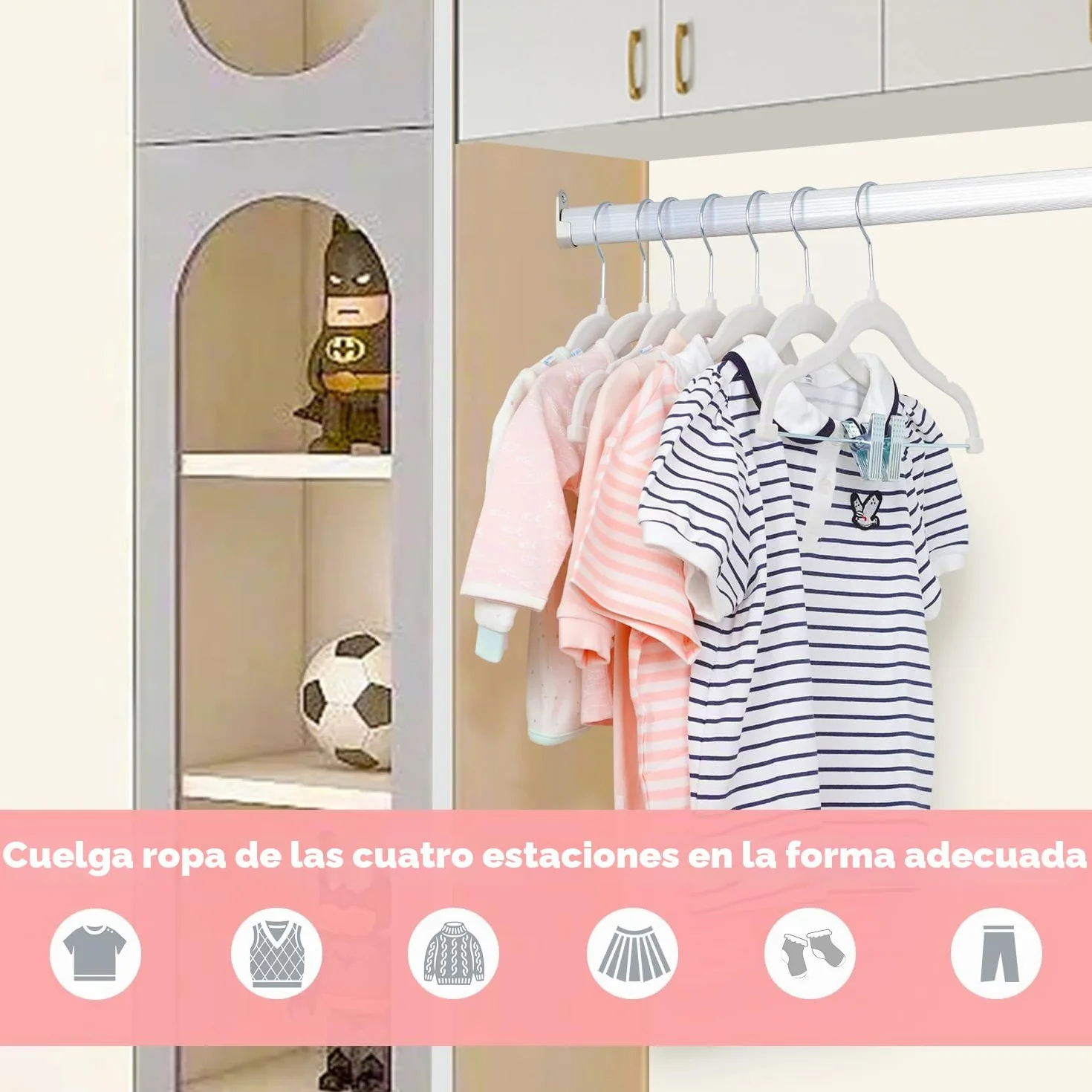 Perchas Infantiles 30 cm Terciopelo Clips Ajustables Antideslizantes Paquete 16 Blanco
