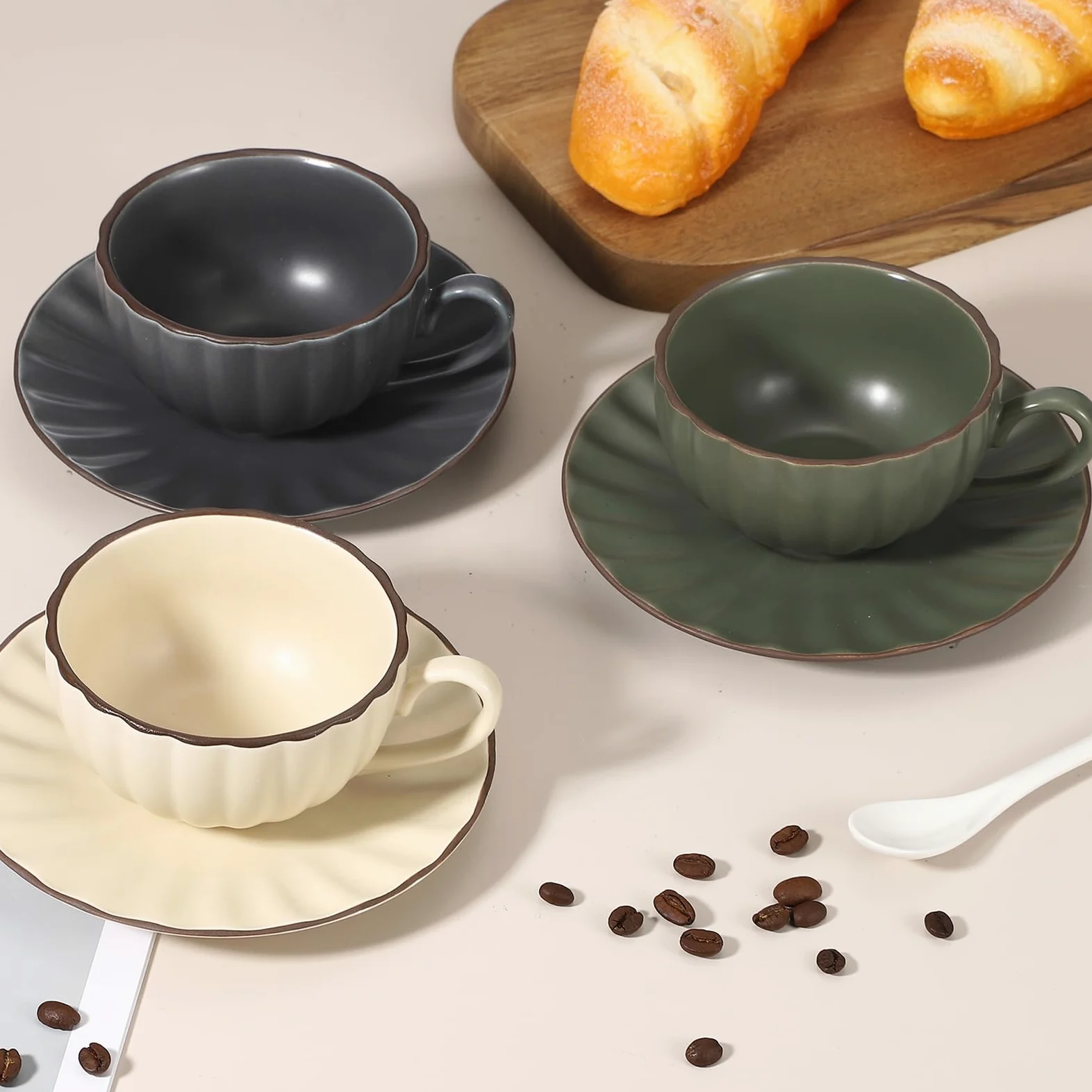 QUARKZMAN Tazas De Espresso Vintage Hechas A Mano Taza De Té Cerámica Beige | Tazas De Café Y Platillos De 8 Oz, Con Asa, Seguras Para Lavavajillas Y Microondas, Para Latte, Hogar, Regalos