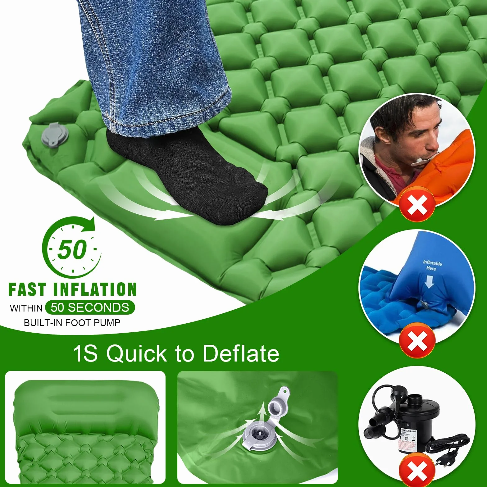 Colchón Autoinflable para Camping Impermeable con Bomba de Pie y Almohada Ultraligera Portátil