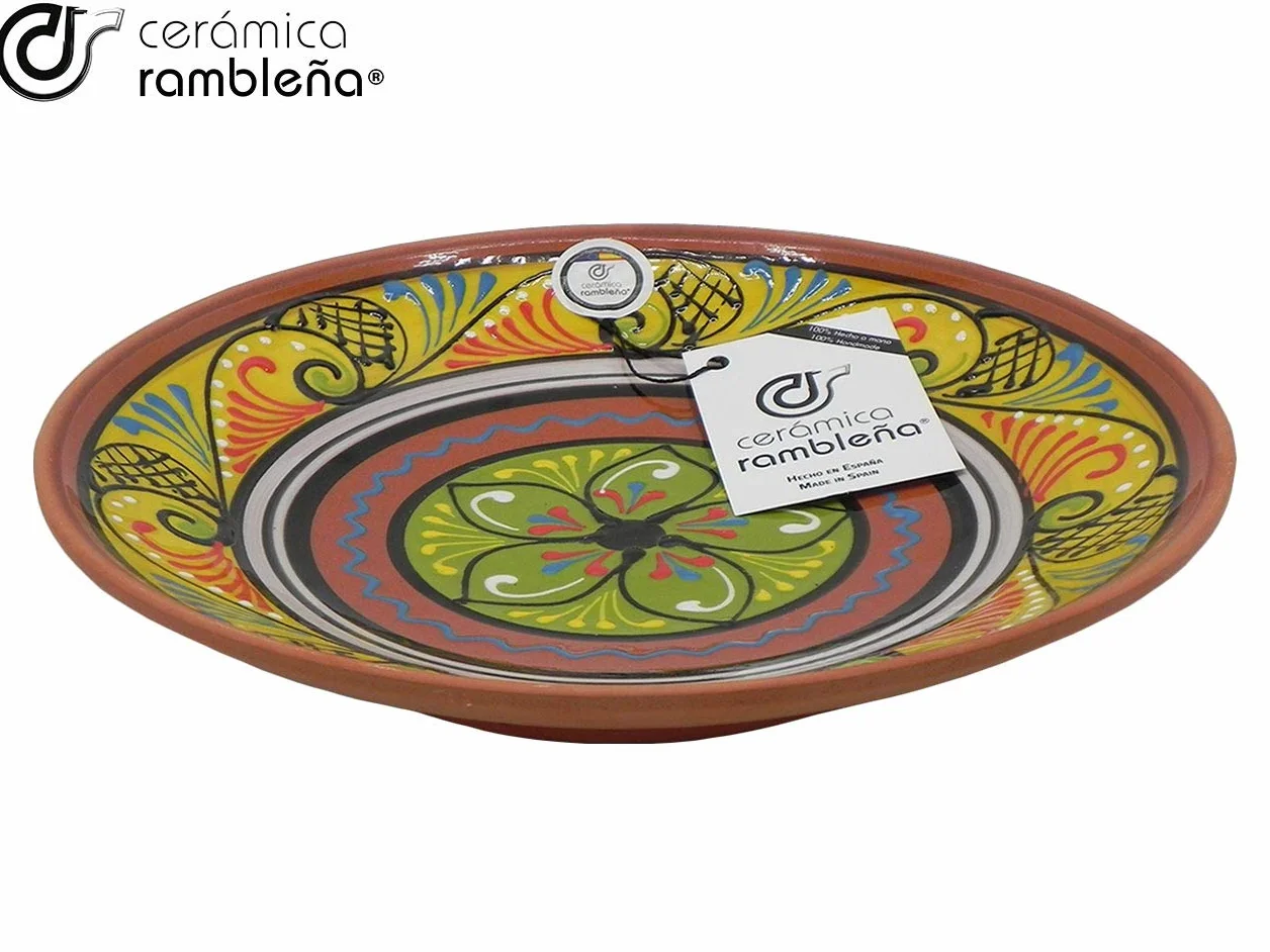 Plato Decorativo de Cerámica Hecho a Mano 28x28x4.5 cm Amarillo Blanco Verde Mediterráneo