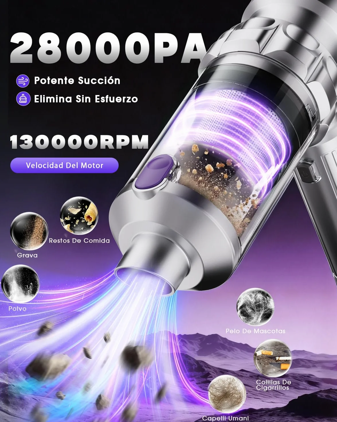 Aspirador de Mano, 28000PA Aspiradora sin Cable con Taza Grande Colector de Polvo, 4 en 1 Aspirador Coche con Motor Sin Escobillas, 3 Niveles Mini Aspiradora para Coche, Pelo de Mascotas, Hogar