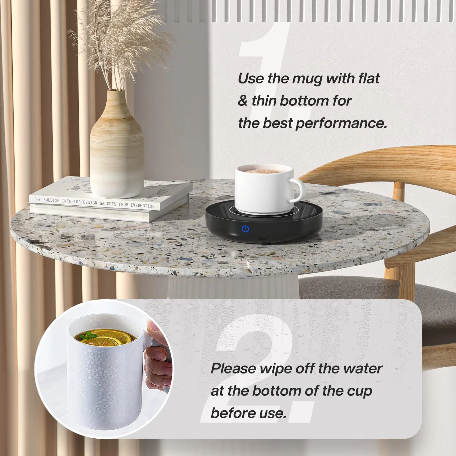 Calentador de Tazas de Café, 36 vatios Calentador Bebidas con Tres ajustes de Temperatura (Up To 176°F/80℃), Placa Calentadora de Tazas para Té/Agua/Leche, Incluye Taza