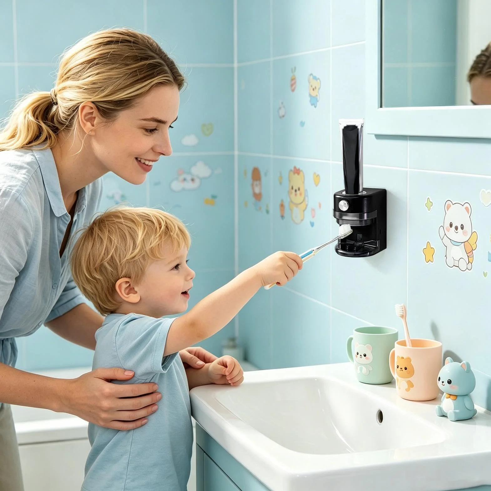 Dispensador de pasta de dientes y soporte para cepillo de dientes, montaje automático en la pared, fácil instalación para uso en baño y dormitorio, solución de higiene conveniente