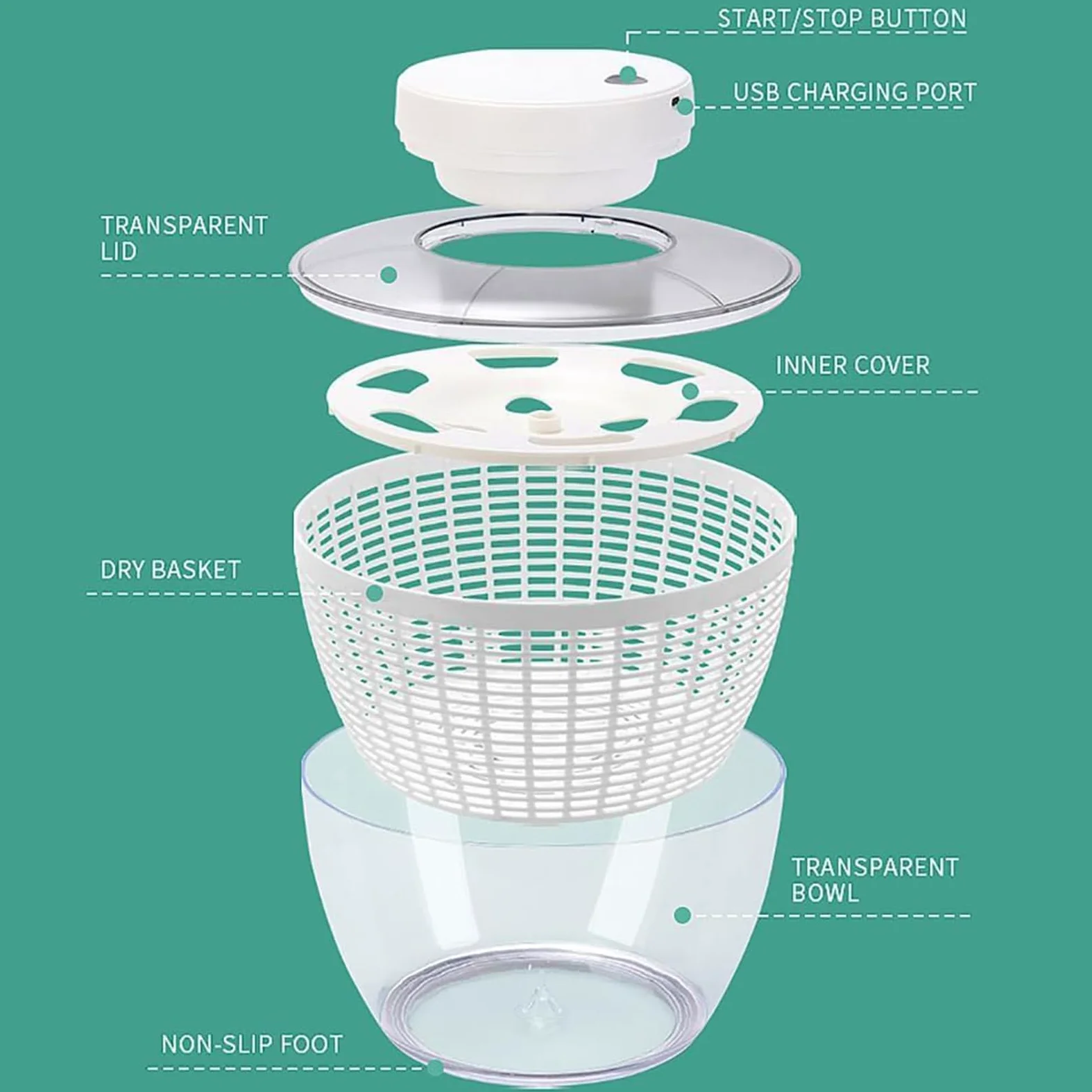 Centrifugador eléctrico de ensalada, lavadora y secadora recargable de 1500 mAh, base antideslizante, secado rápido, capacidad de 6 litros para lechuga, verduras, frutas y hierbas