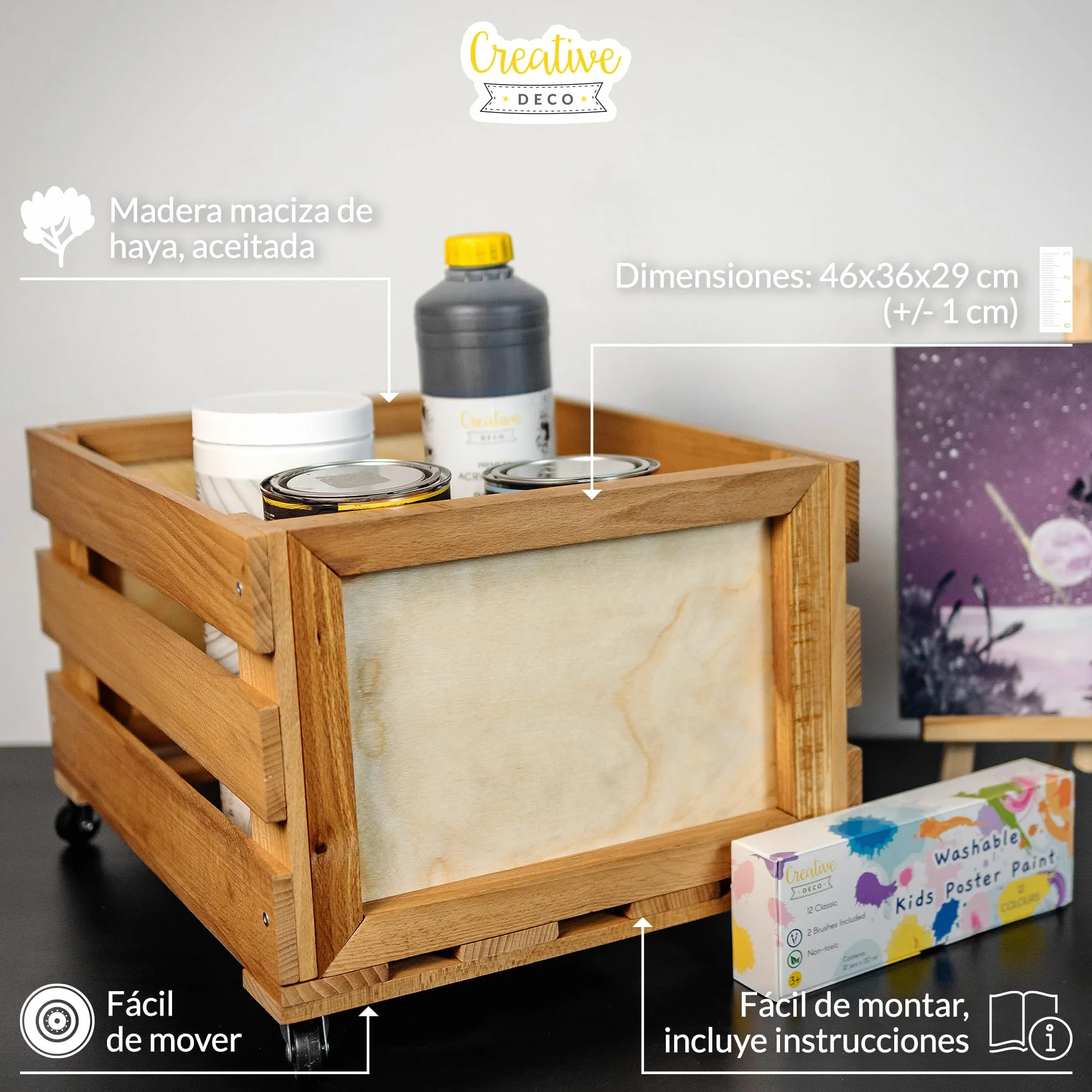 Creative DECO Caja de Madera para Discos de Vinilo con Pizarra | 80 discos | 46x36x29 cm (+/- 1 cm) | Mueble Soporte Cajón con Ruedas Porta Vinilos | Madera de Haya | Cesta para Fruta, Vino, Juguetes