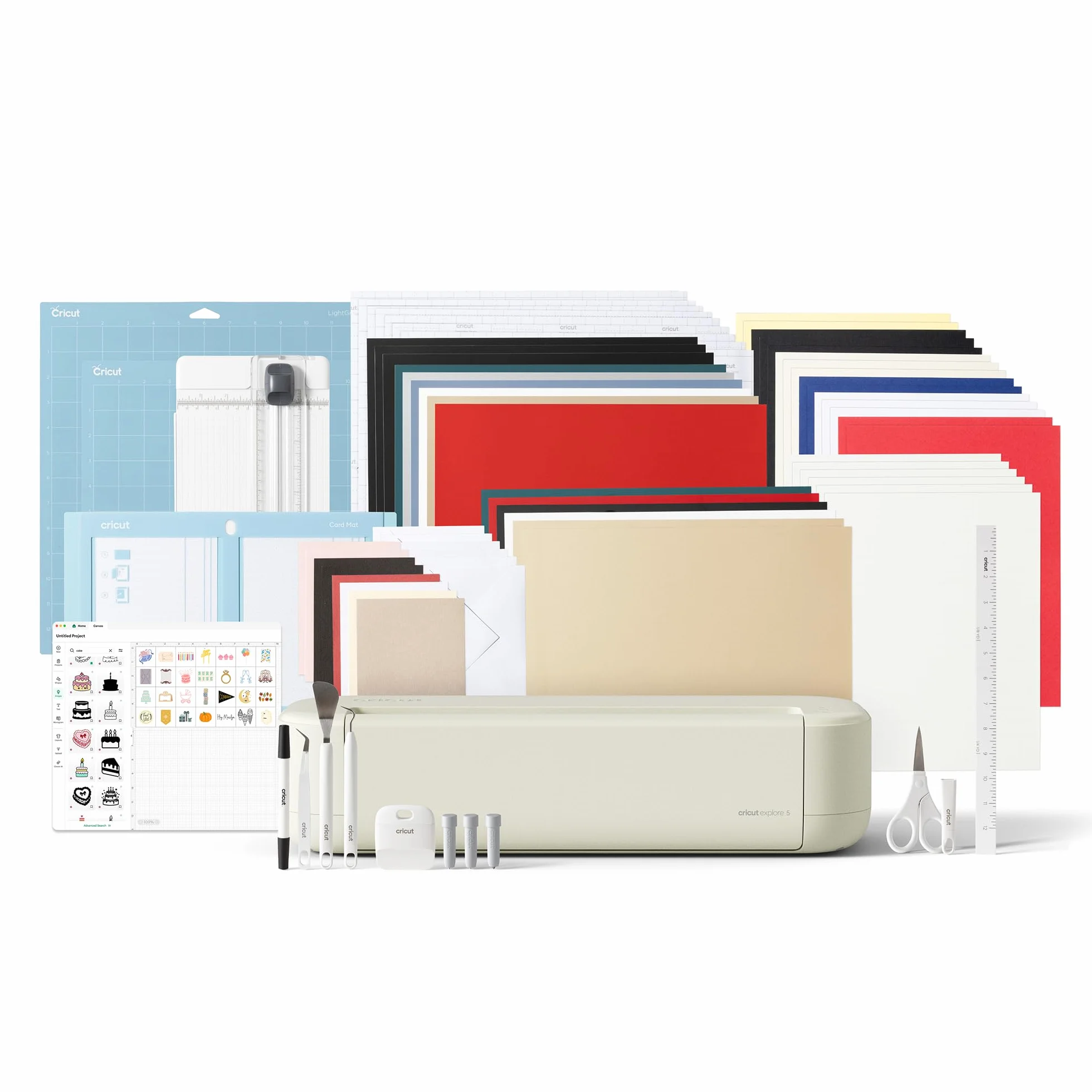 Cricut Explore® 5 Deluxe Bundle + Contenido digital. Máquina de corte inteligente, ideal para vinilos personalizados, camisetas, pegatinas a color, tarjetas y más.