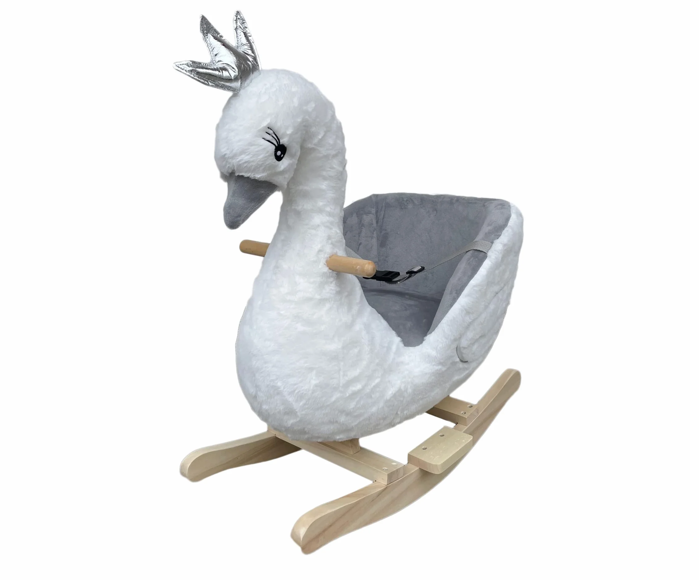 Mecedora Swan de felpa sobre balancines de madera con sonido