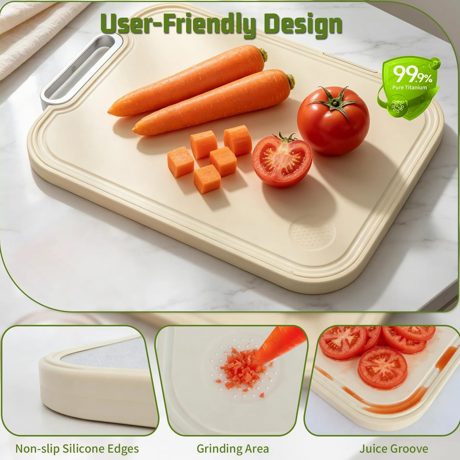 2 en 1 Tabla de Cortar de Titanio + Madera,Tabla de Cortar Antibacteriana y Resistente,Tablero de Corte con Ranura para Jugos y Borde,Ideal para Carne,Frutas,Verduras o Amasar (Titanio + PP)