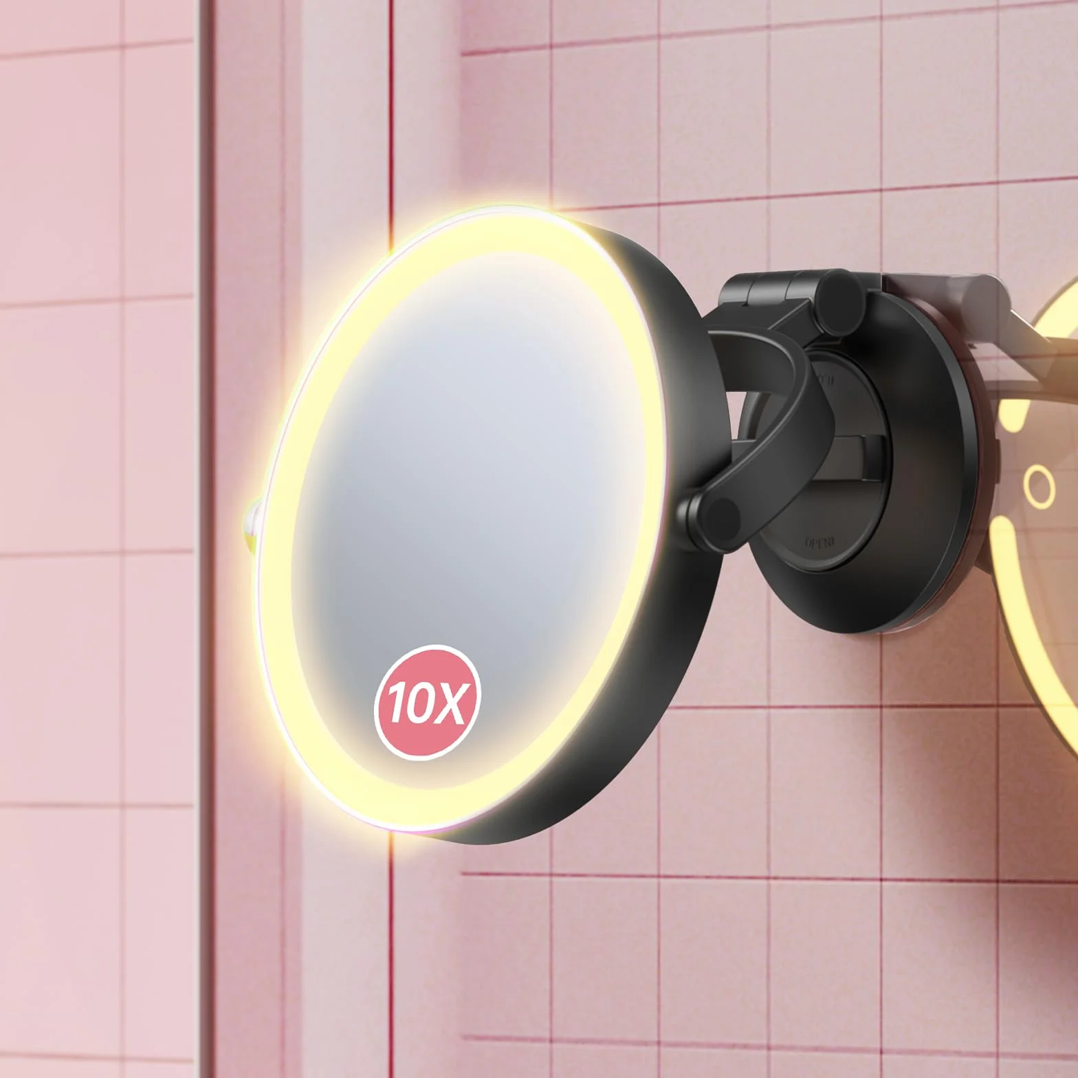 Benbilry Espejo de aumento con ventosa con luz 10X, espejo de maquillaje montado en la pared con ventosa para baño, 3 luces de color y brillo ajustable, mesa 2 en 1 para escritorio, color negro