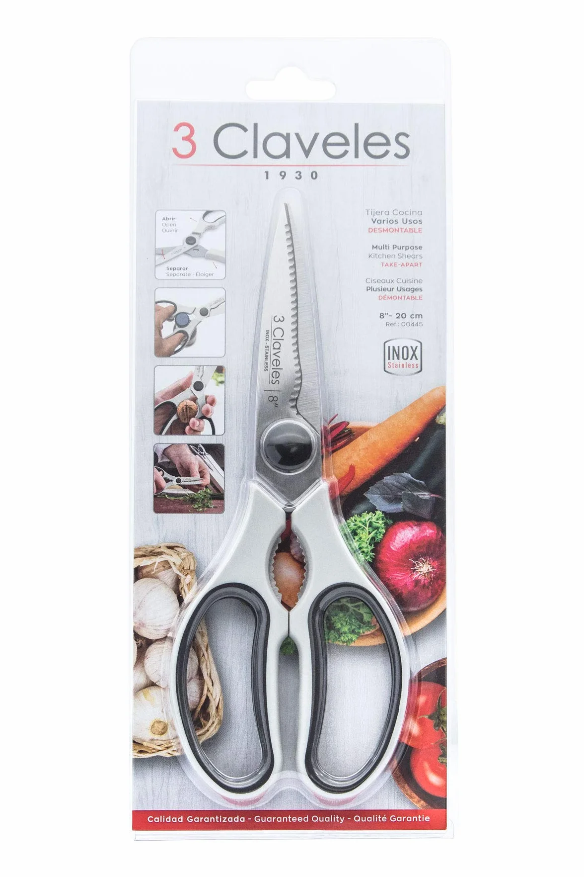 3 Claveles Tijera cocina multiusos desmontable filo microdentado Tijeras profesionales con descapsulador cascanueces ergonómicas accesorio de cocina de 20 cm 8", Blanco, Varios Usos Desmontable