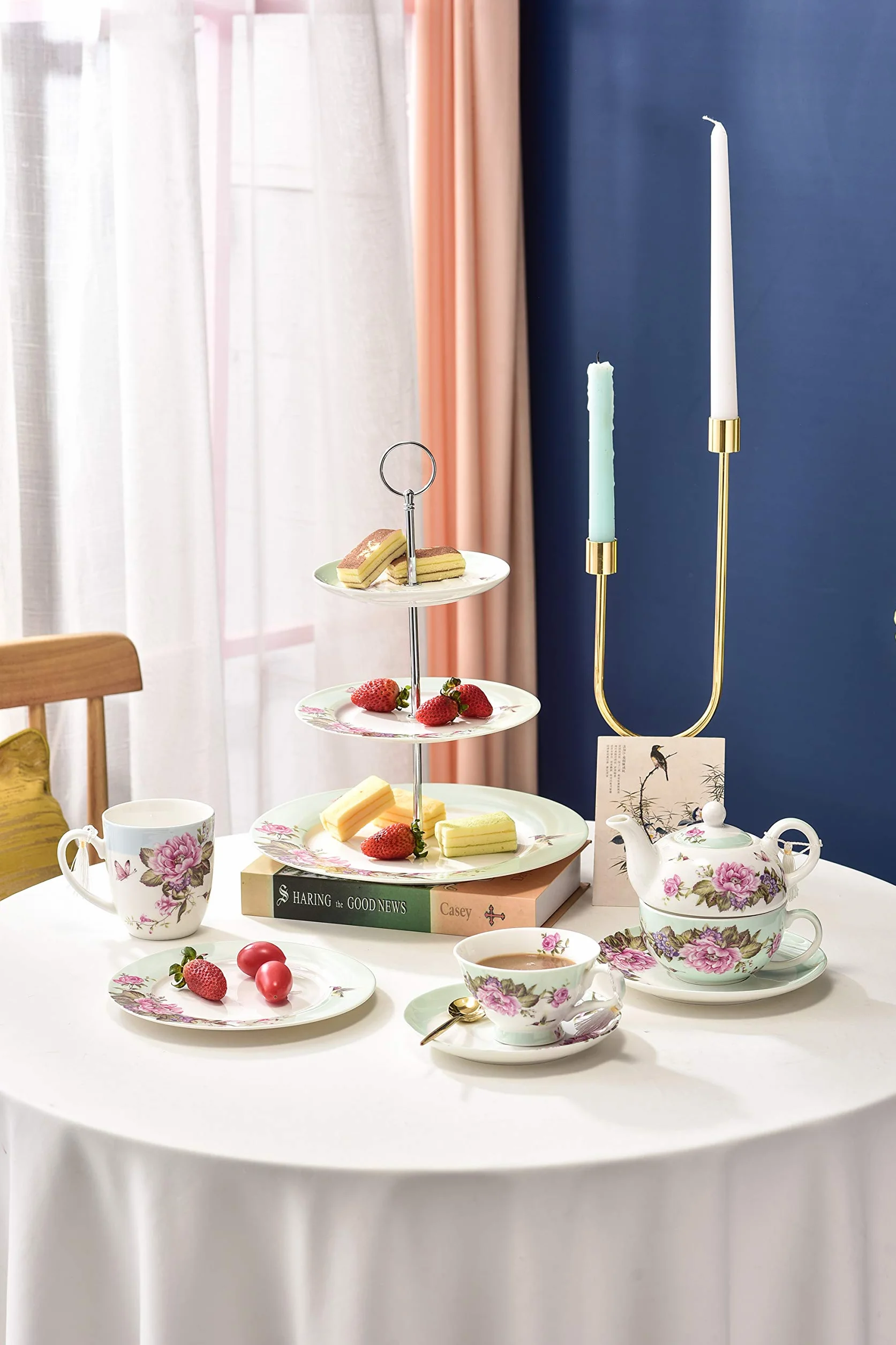 Tea for One - Juego de Tetera, diseño de Flores y Mariposas, Color Verde Azulado