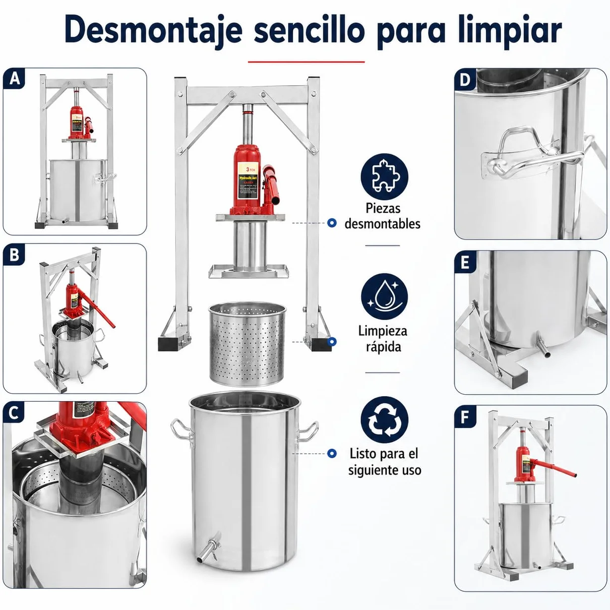 Prensa Hidráulica para Frutas 12L, Prensa Manual de Acero Inoxidable 201/304 con Gato 3T con Tambor, Marco de Prensa y Conector Hidráulico para Uvas, Manzanas, Sidra, Vino y Zumo