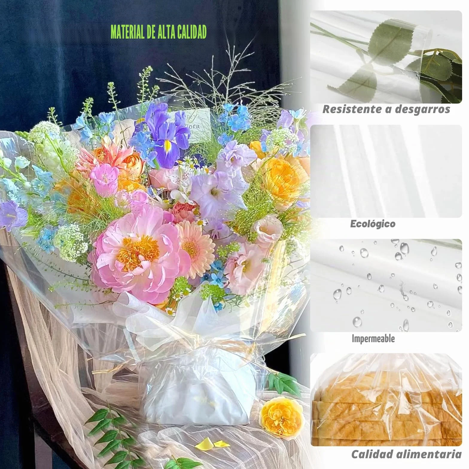 GIBOHOM 86 CM x 30 M Papel Celofán Transparente, 3 Mil Grosor Celofan Transparente Impermeable Papel de Regalo para Cesta, Acetato Transparente para Envolver Regalos, Flores(86CM plegado a 43CM)
