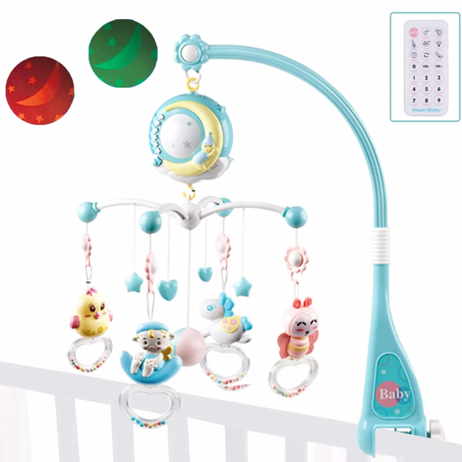 Móvil de Cuna Musical para Bebé, 360 ° Movil Cuna Bebe Carrusel com Cuna Luz y Musica con Control Remoto y Proyección, Movil Cuna para Bebé 0 a 24 meses