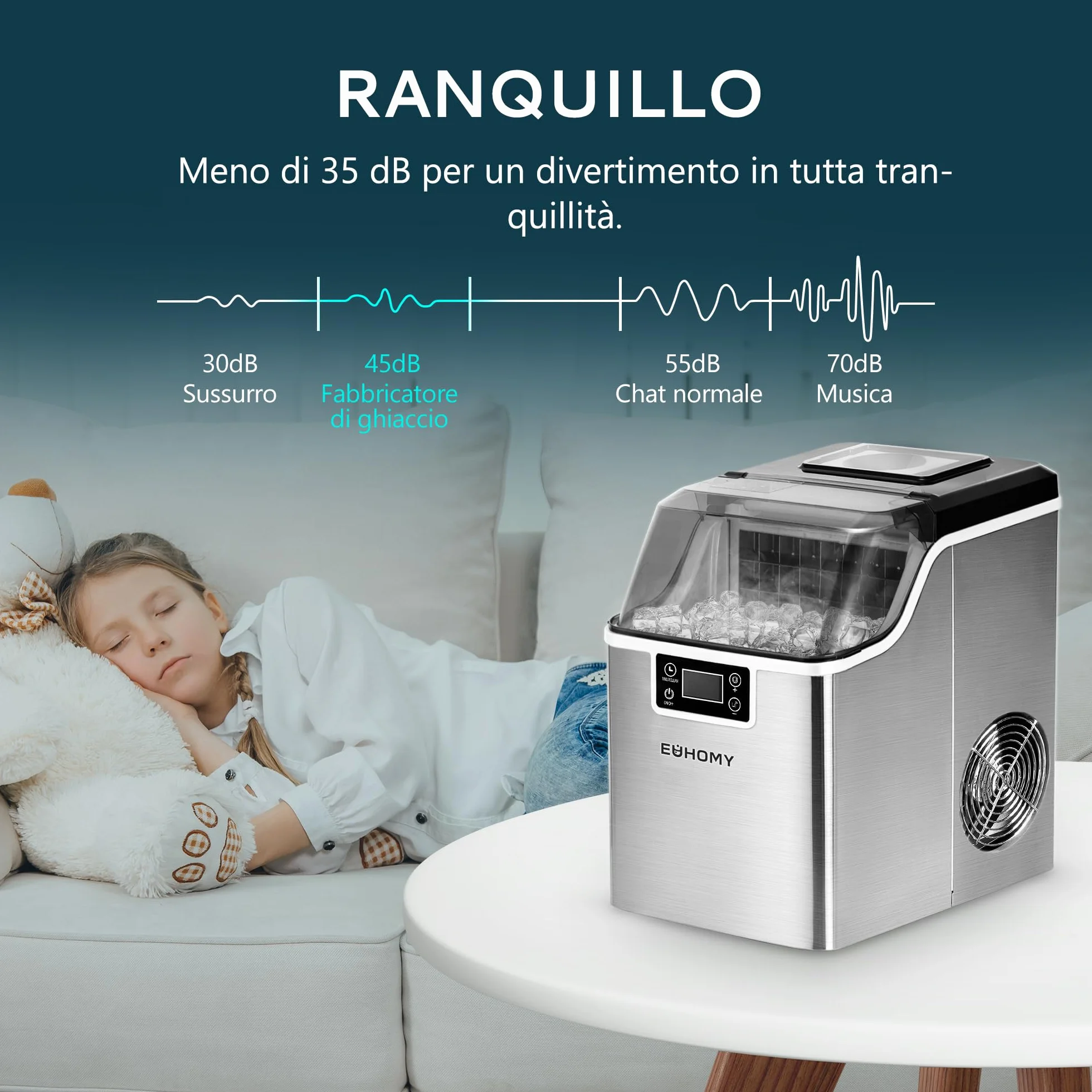 EUHOMY Máquina de hielo para el hogar: 24 cubos en 13 minutos, 20,5 kg/24 horas, autolimpiable, 3,2 l, con pala/cesta, para cocina/oficina, acero inoxidable
