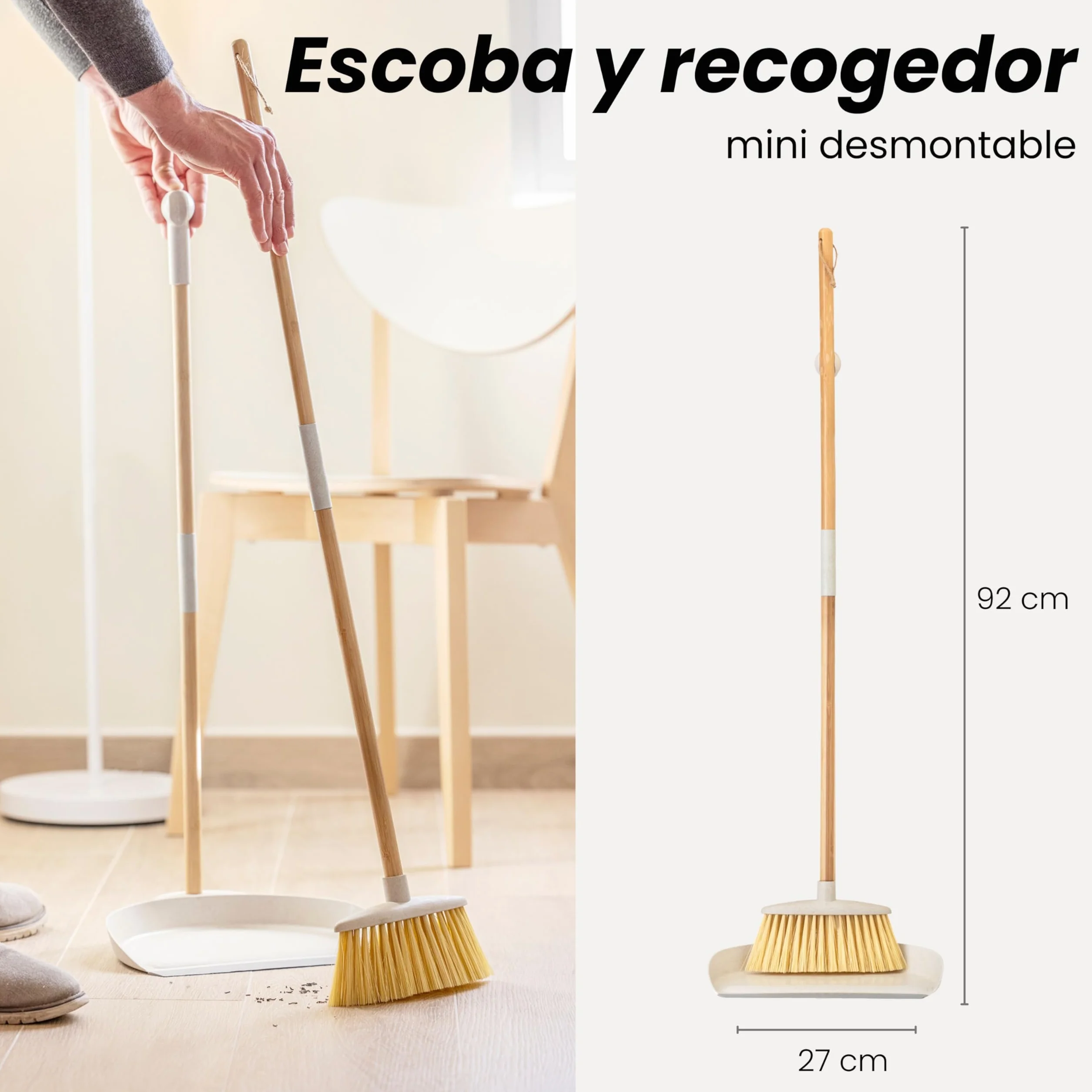 Vigar Zeroline Escoba y Recogedor Mini Desmontable Sistema Clic, Mango Bambú Natural con Regleta Goma, Cepillo Barrer Broom and Dustpan Set Compacto para Limpieza Hogar Cocina Interior, Gris