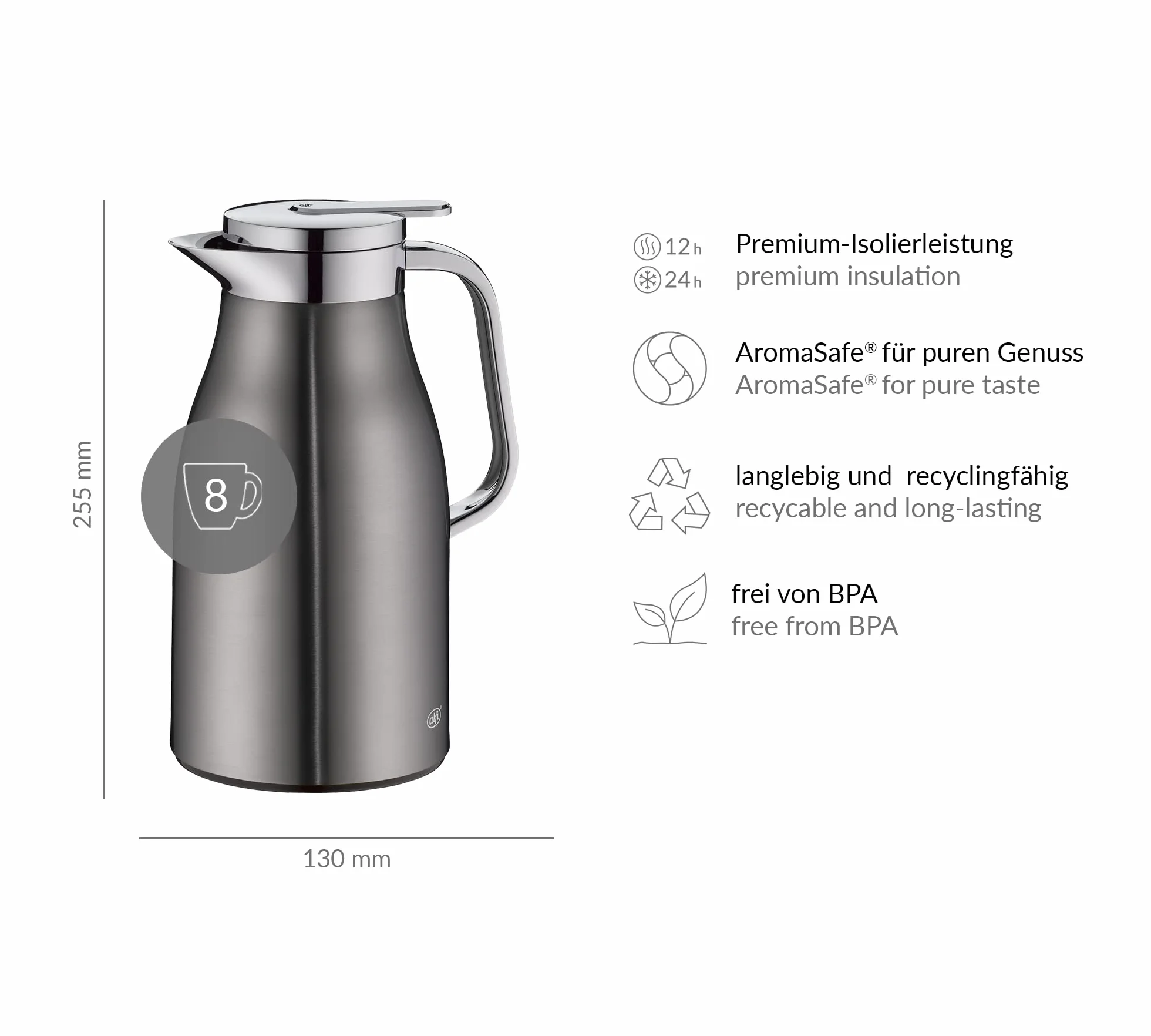 alfi SKYLINE 1,0 l, jarra isotérmica de acero inoxidable con inserción higiénica de vidrio duro, tapón de rosca con cómodo pulsador, mango ergonómico a una mano, ideal como jarra de café o té, sin BPA