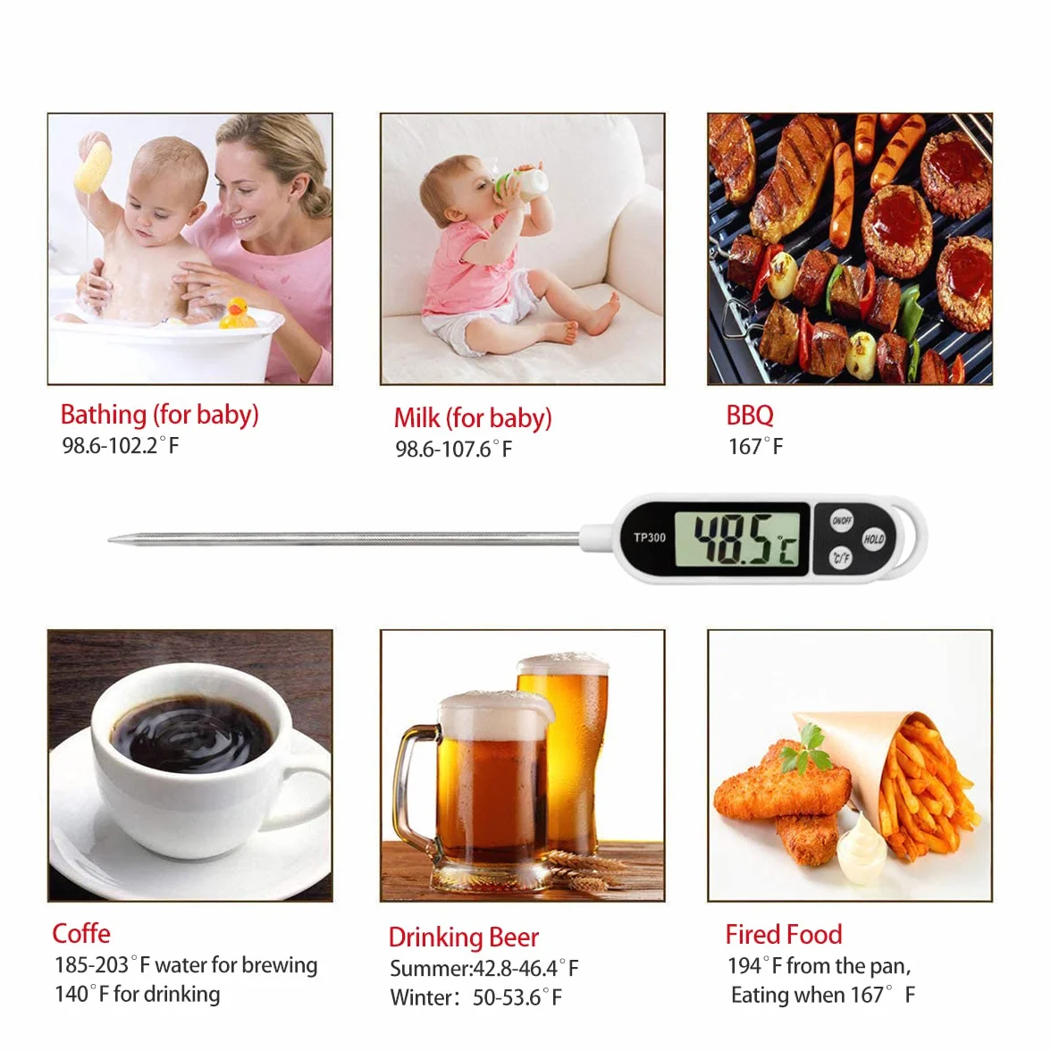 Termómetro cocina Termómetro Digital de Cocina,termometro agua bebe 3S Lectura Instantáne Pantalla LCD Retroiluminada&Calibration Termometro Alimentospara BBQ Comida Leche Agua Caramelo Líquido
