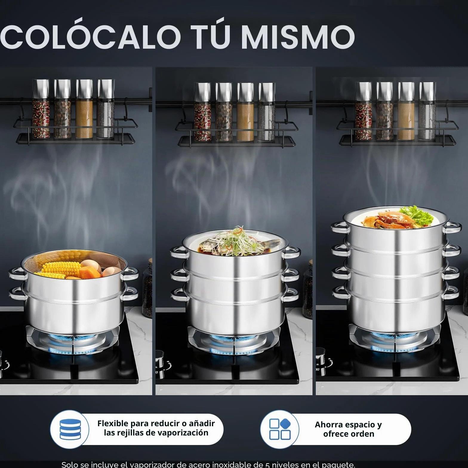 olla de vapor, acero inoxidable, 5 niveles, 30,5 cm de diámetro, para gas, inducción y cocinas eléctricas