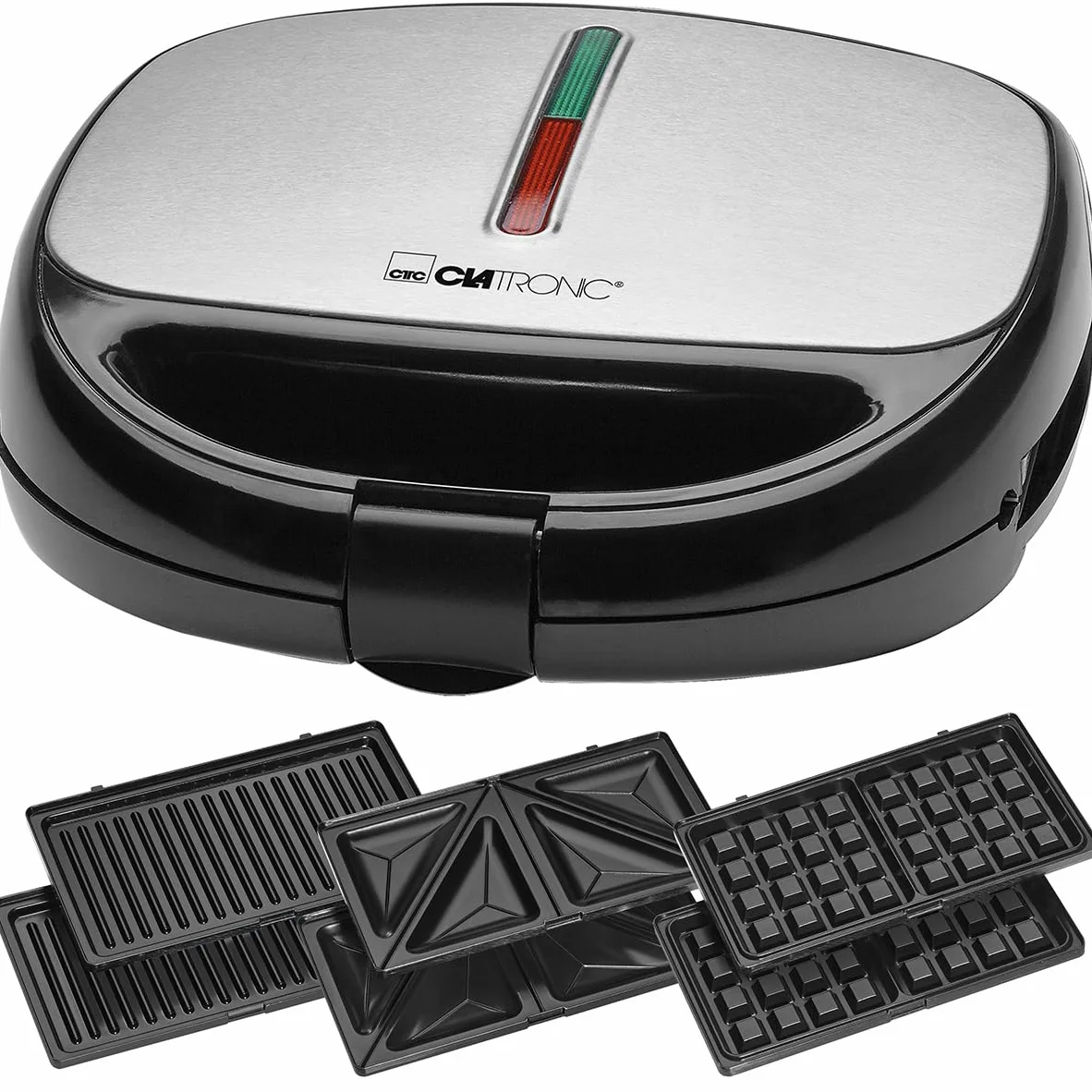 Apparecchio multifunzione Clatronic 3 in 1 | Tostapane per sandwich, piastra per cialde e grill a contatto | 800 Watt | Lavabile in lavastoviglie | Rivestimento antiaderente | ST/WA 3670