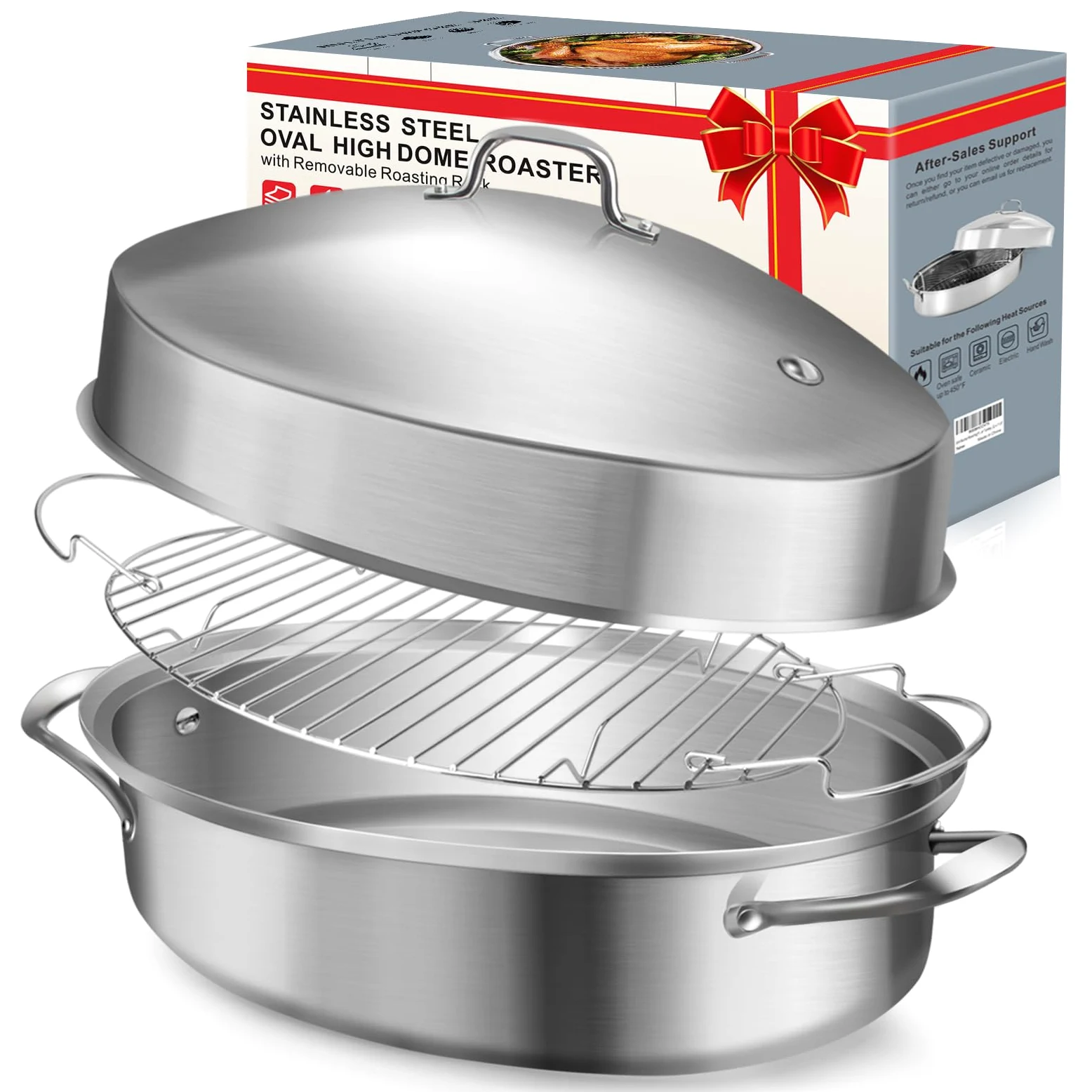 Sartén grande para asar con estante y tapa, regalos para mamá, mujer, esposa, tostadora ovalada grande de acero inoxidable, utensilios de cocina antiadherentes para pollo y pavo, 21 pulgadas