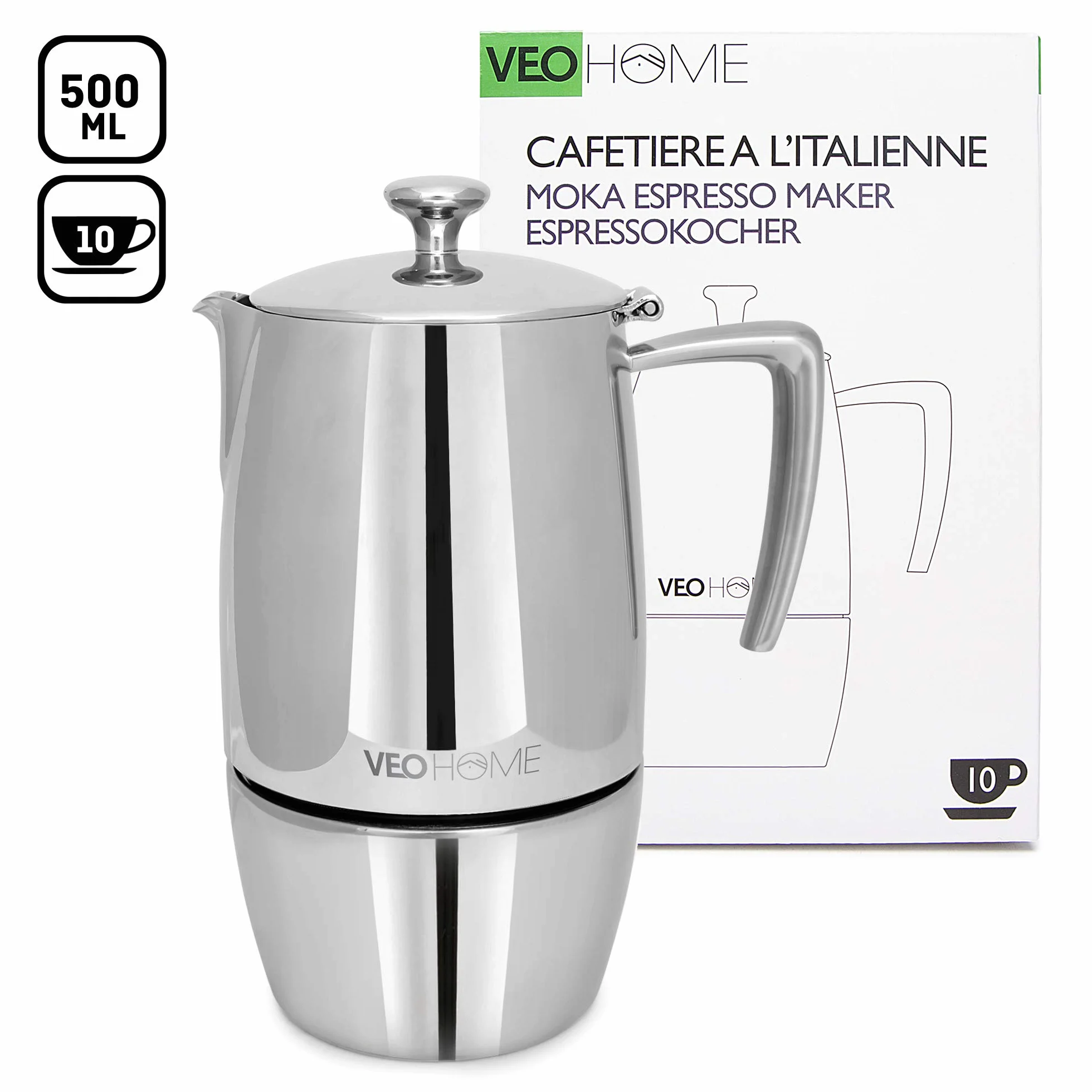 VeoHome - Cafetera Italiana de Acero Inoxidable 10 tazas 500 ml – Cafetera Moka para cocinas Inducción, Vitrocerámica y de Gas - Estilo Espresso – Irrompible, Segura y apta para Lavavajillas