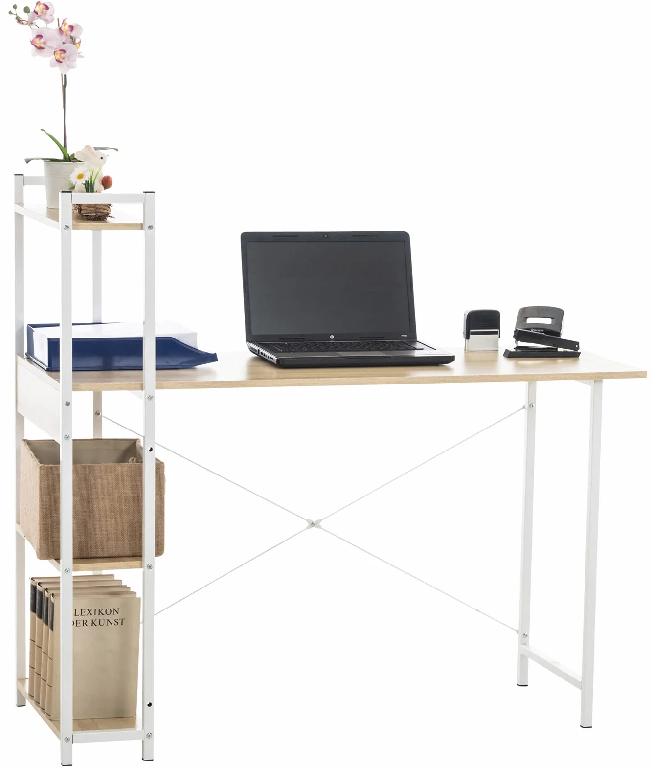 CLP Escritorio PoE De Madera con Estantería Lateral Movible I Mesa De Estudio con Estructura Metálica & 4 Estantes, Color:Arce