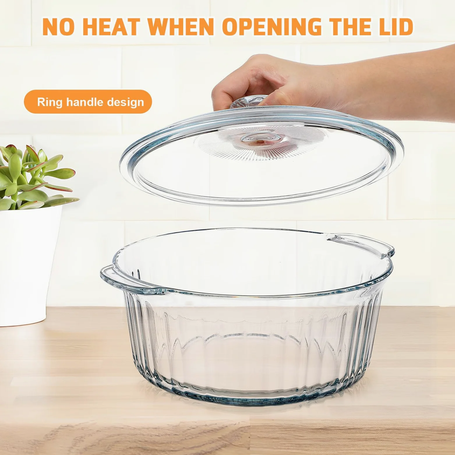 Zerodeko Cazuela de Vidrio Redonda 2, 4 L con Tapa de Acero Resistente | Transparente, Cocción Segura y Calor Uniforme, para Horno y Cocina, Pieza Estética de 2, 4 L