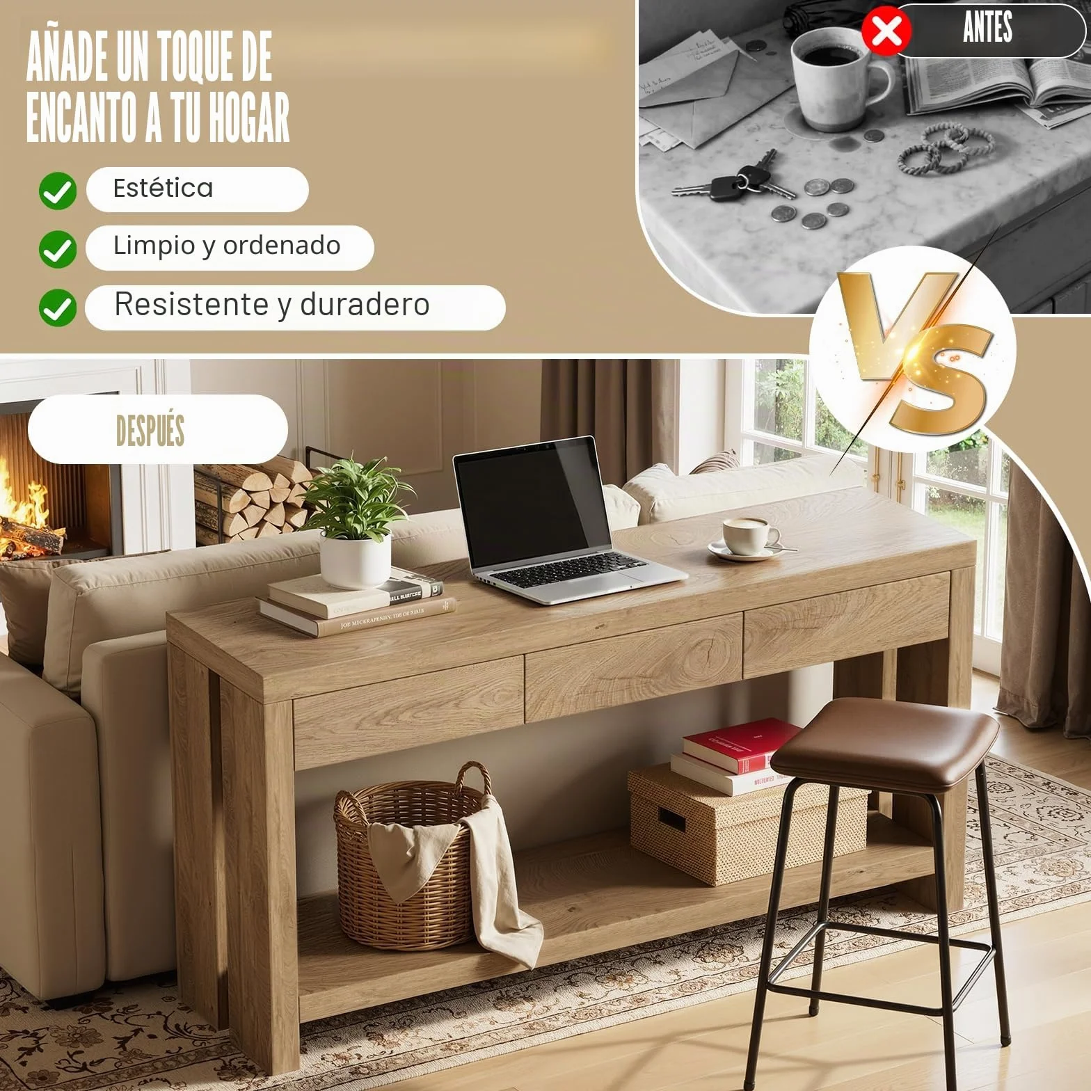 Mesa de Consola con 3 cajones Consola para Recibididor Mesa de Entrada de 2 Niveles Estrecha Mesa Auxiliar Detrás del Sofá Mesa de Pasillo de Madera para entrada, recibidor y salón 140 x 29.5 x 82.5CM