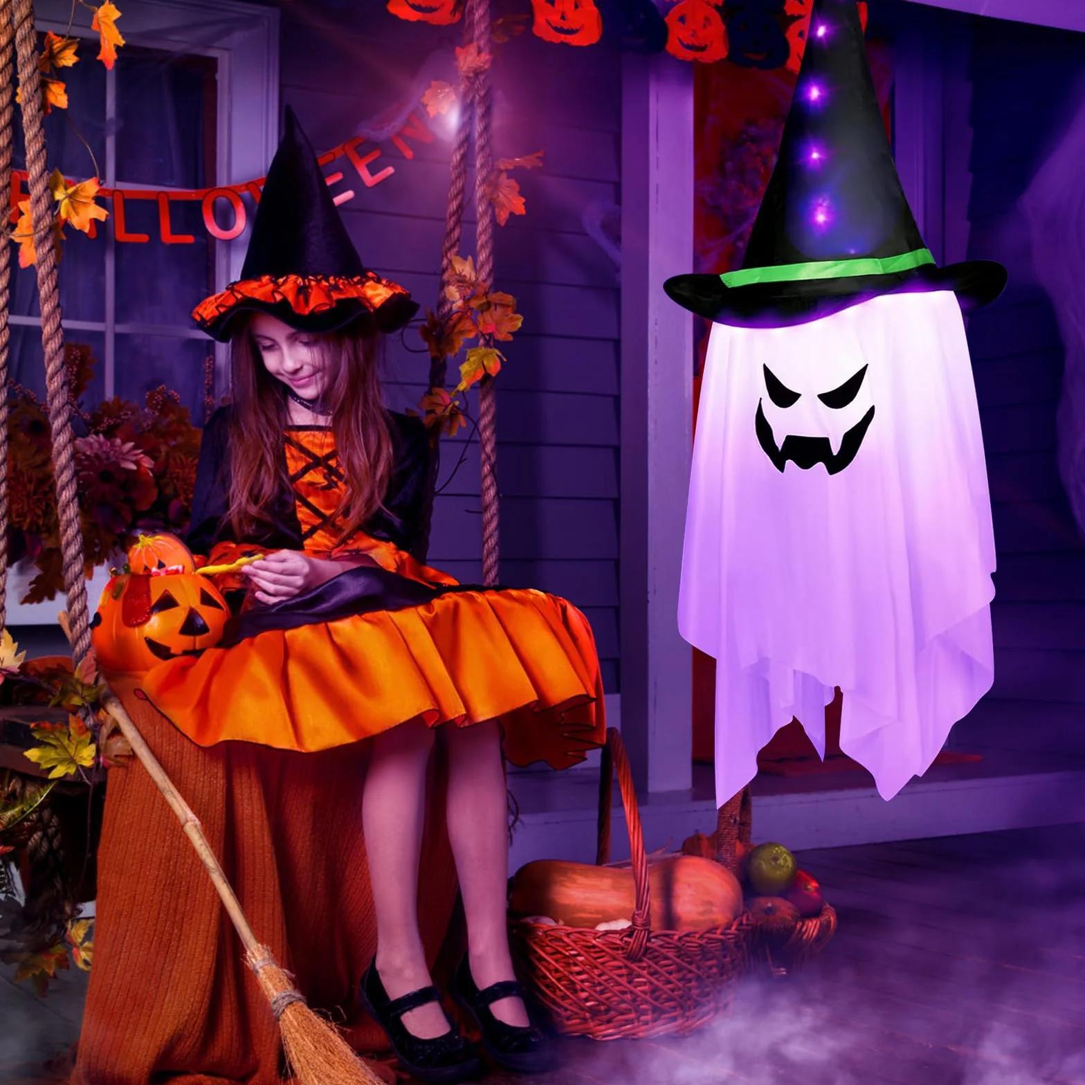 Fantasmas Colgantes De Halloween Con Luces LED - Decoración para Árbol, Jardín, Patio y Fiesta (Morado Fantasma)