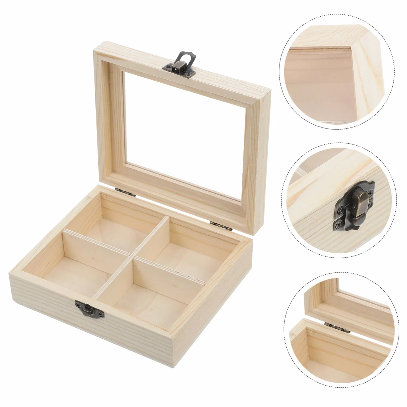 SHOWERORO Caja Organizadora Madera con Ventana Transparente y Cuatro Compartimentos Almacenamiento Multifuncional para Bolsitas Café para Cocina y Oficina