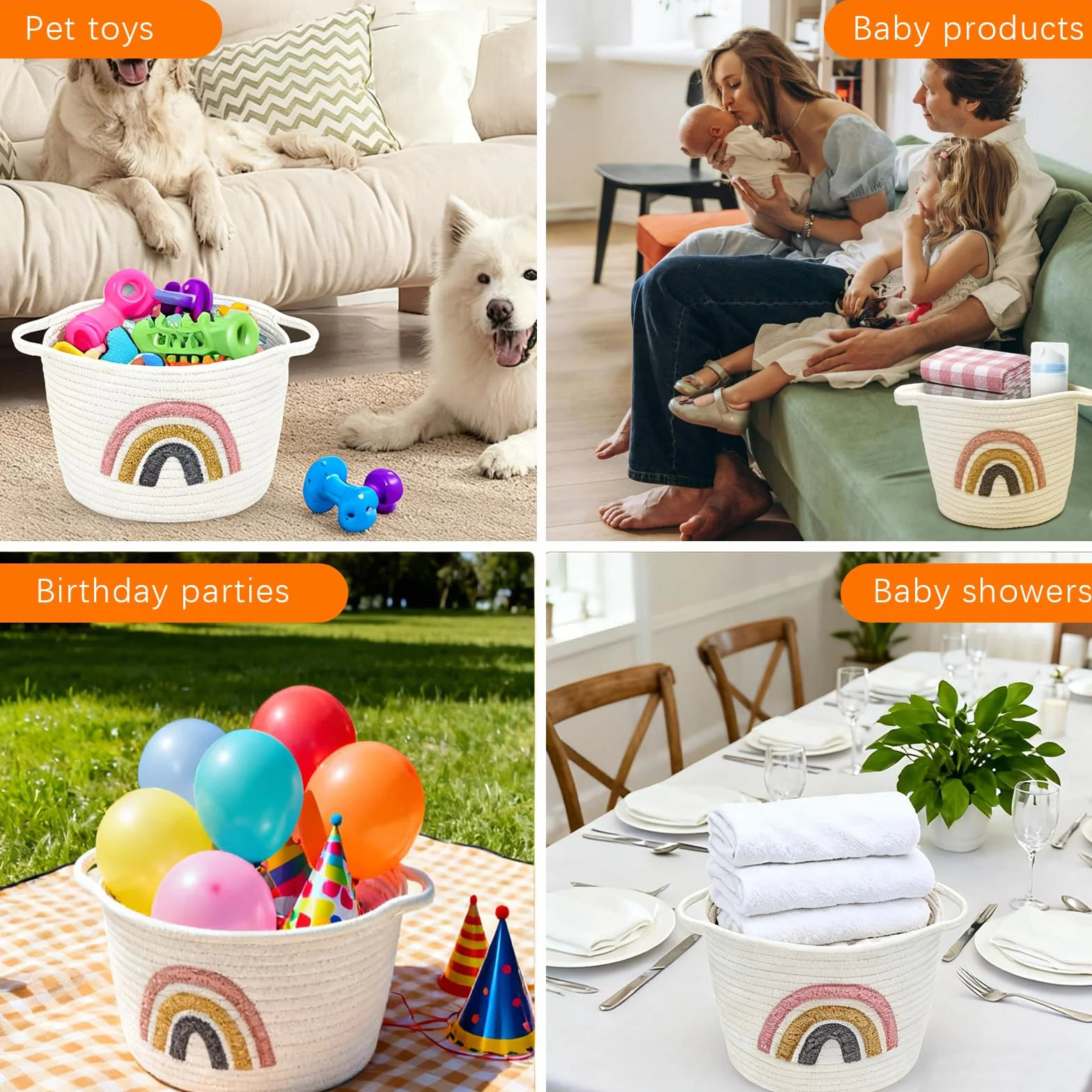 Cesta de almacenamiento tejida cuerda algodón arco iris decorativa para juguetes toallas ropa