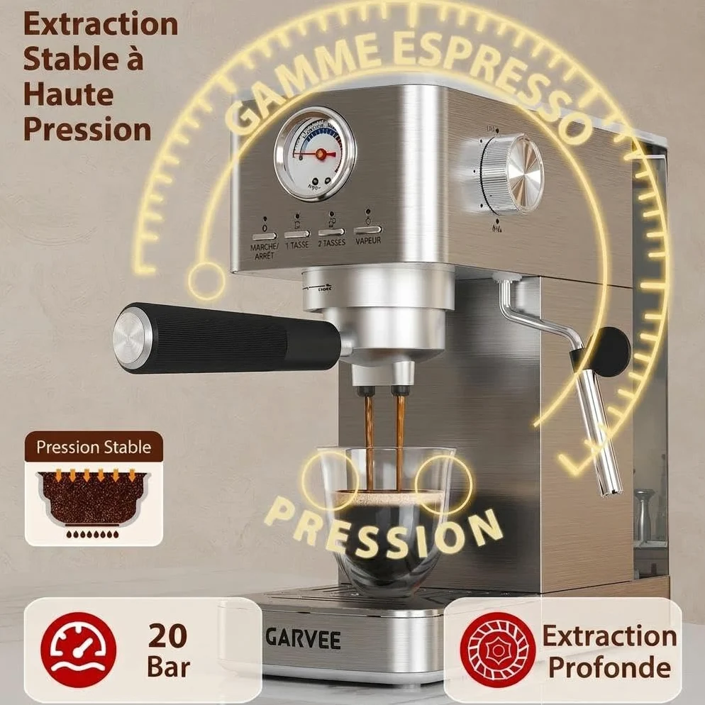 Acekool Máquina de espresso semiautomática 15 bares 1300W - Depósito 1,4L, manómetro, espumador manual - Calentador rápido, acero inoxidable, para café, capuchino, latte - plata (estándar europeo)