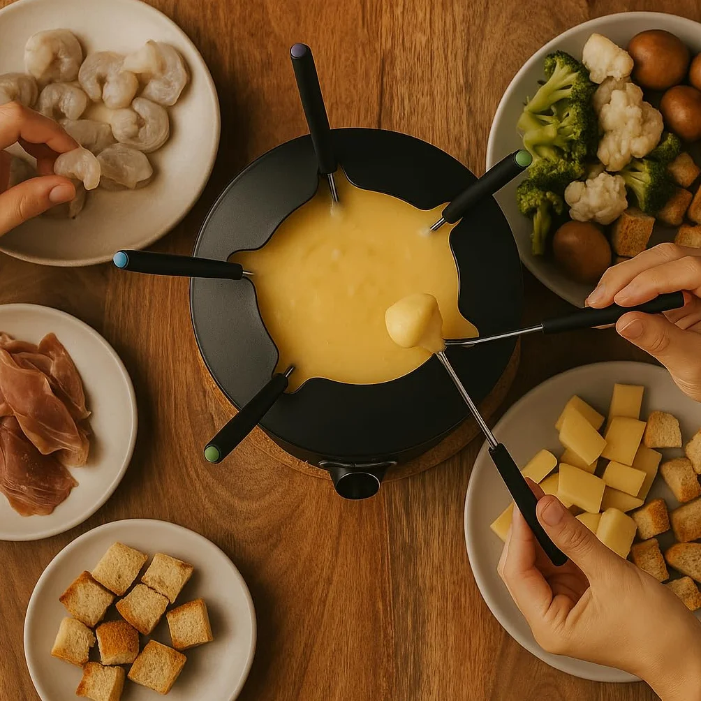 Fondue Eléctrico para 6 Personas, Fondue para Queso, Chocolate, Carne, Caldo y Más, Capacidad de 1.3L, Antiadherente, Termostato Regulável