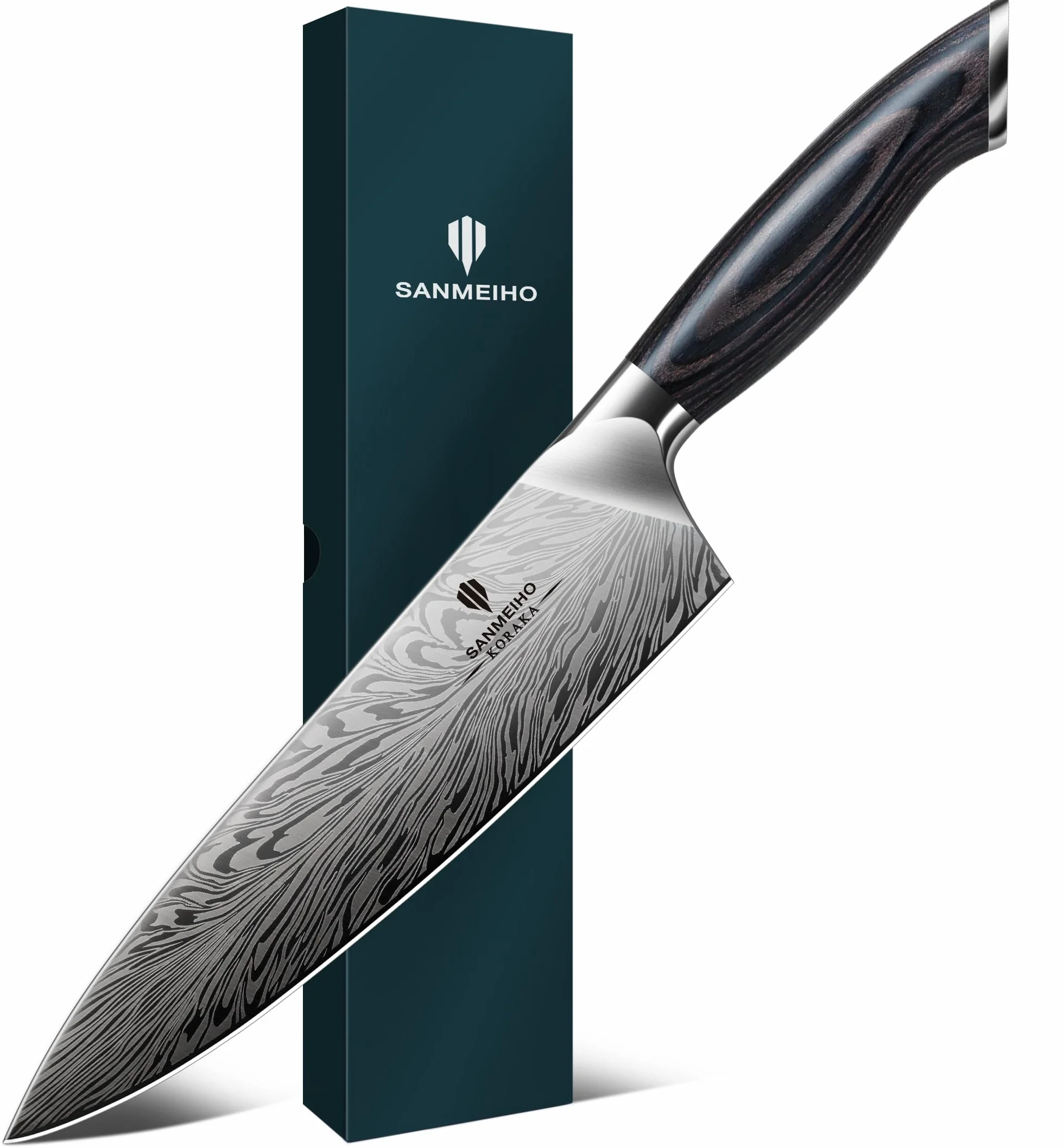 SANMEIHO Cuchillo de Chef de Acero en Polvo, 20cm de Cocina de Cocina Japonés, Cuchillo de Cocinero Profesional de Acero Duro, Cuchillo para Trinchar Ultra Afilado, Mango Ergonómico de Madera de Pakka
