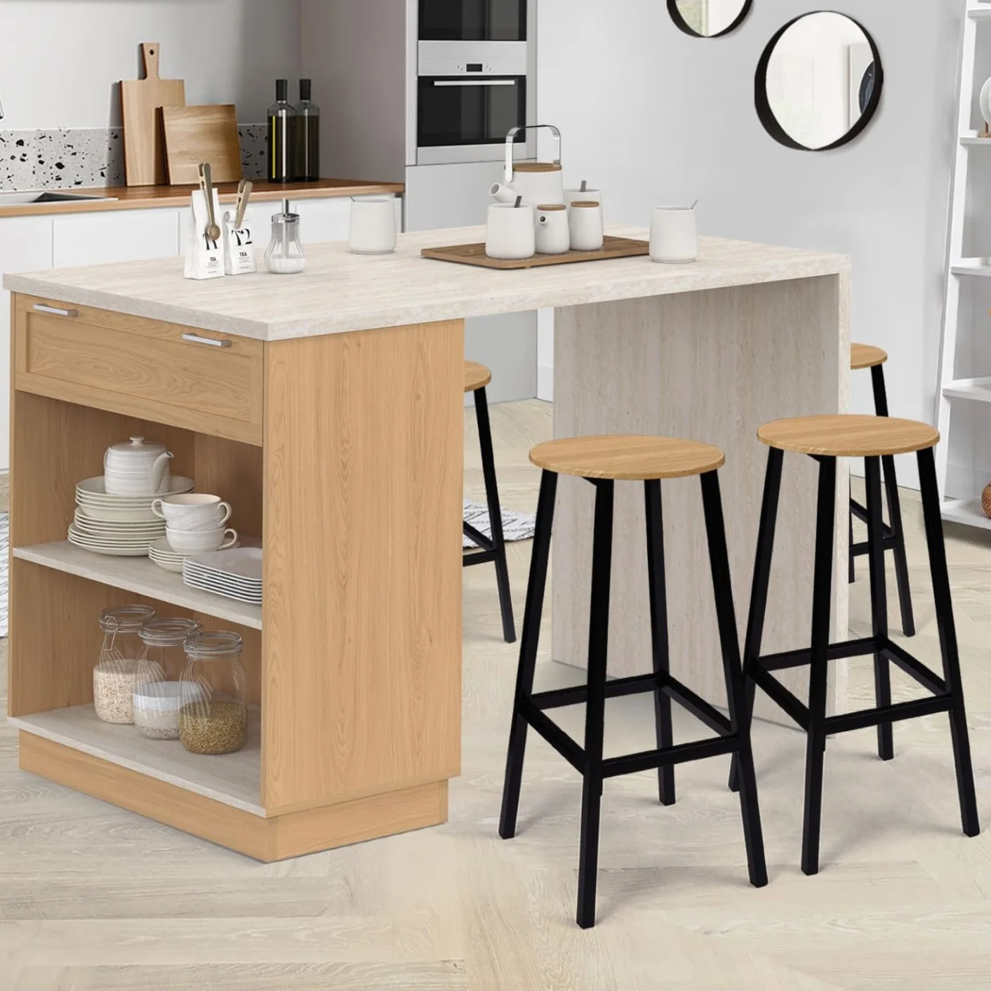IDMarket – Ilot Central - Comedero de pie para 4 personas VITO 130 cm, madera y bandeja efecto travertino