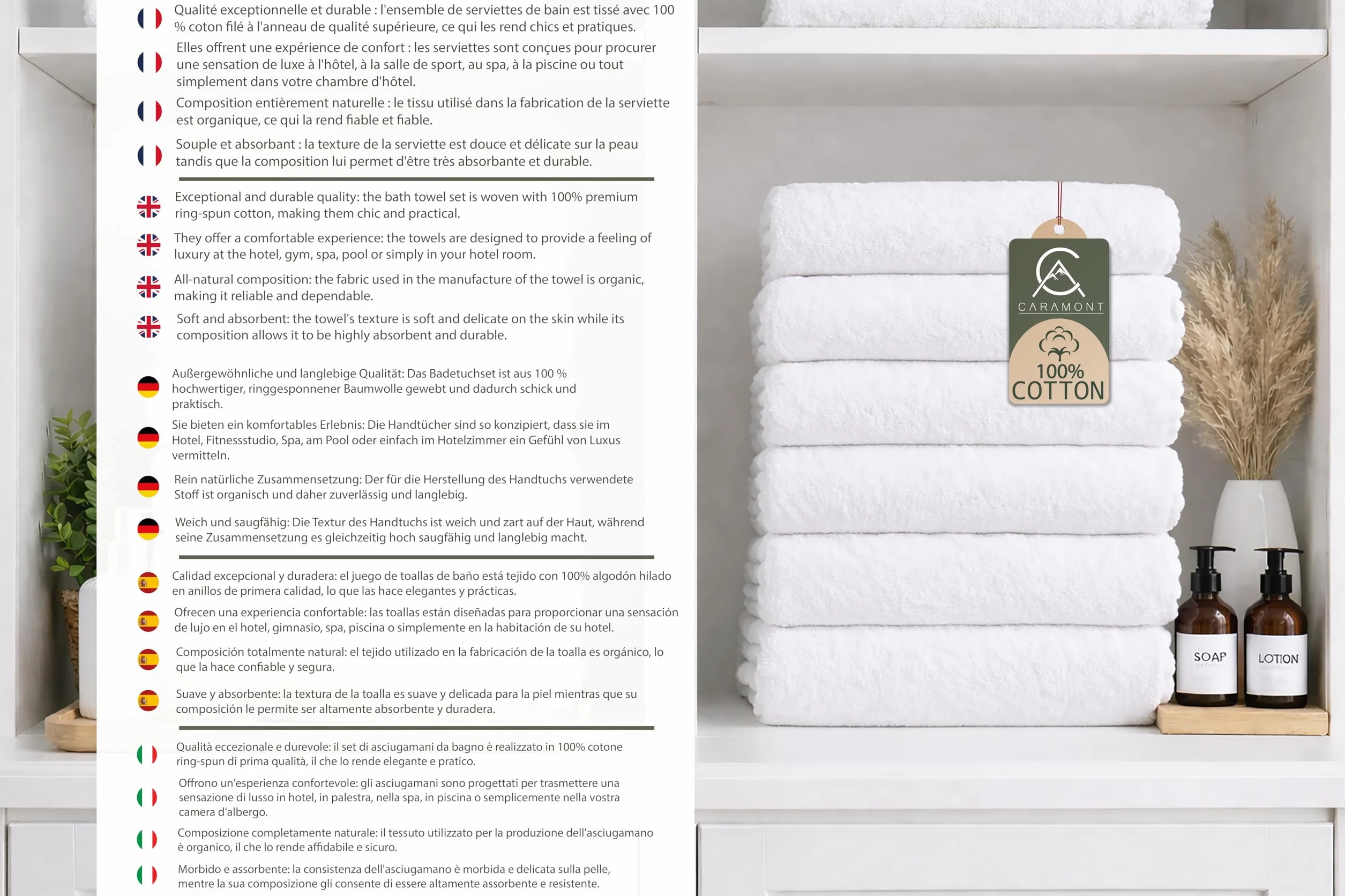 Caramont Juego de 6 Toallas de Baño 50x90 cm – 100% Algodón, Ultra Suaves, Muy Absorbentes, Secado Rápido, Calidad Hotelera – Blanco – para Baño, Ducha, Gimnasio, Hotel y SPA