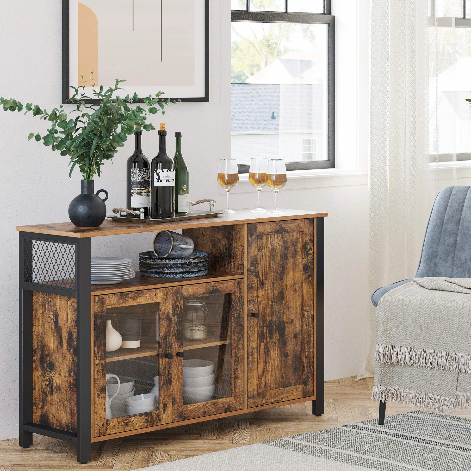 VASAGLE Aparador, Armario de Cocina, Armario de Almacenaje, con 3 Puertas, para Salón, Cocina, Comedor, 33 x 110 x 75 cm, Estilo Casa de Campo, Marrón Rústico y Negro LSC096B01