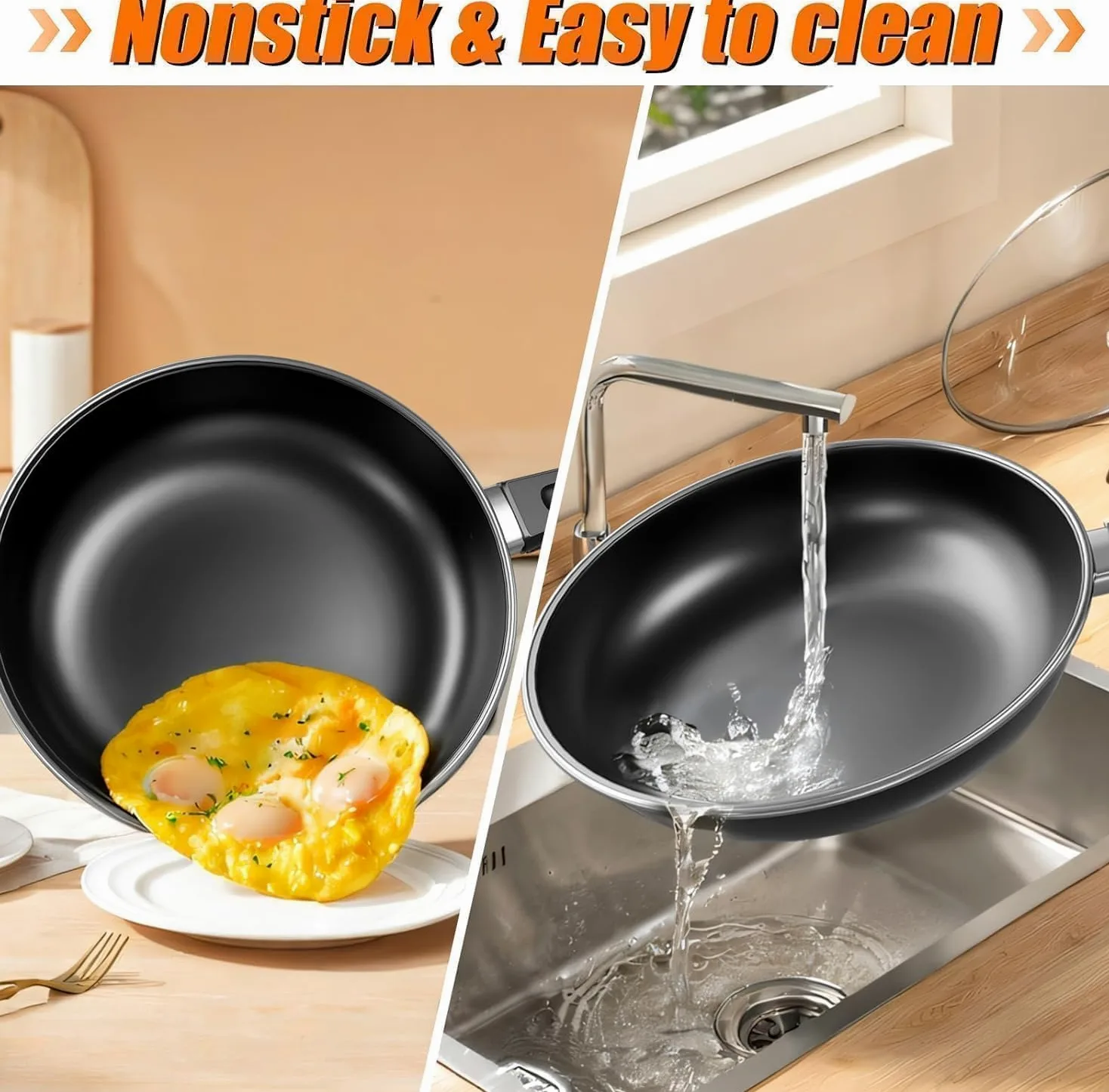 Kiseely Juego de sartenes antiadherentes de 24cm, 26cm y 30 cm (3 piezas), resistentes al calor, sin PFAS, aptas para todo tipo de cocinas, incluida la inducción (AG1)