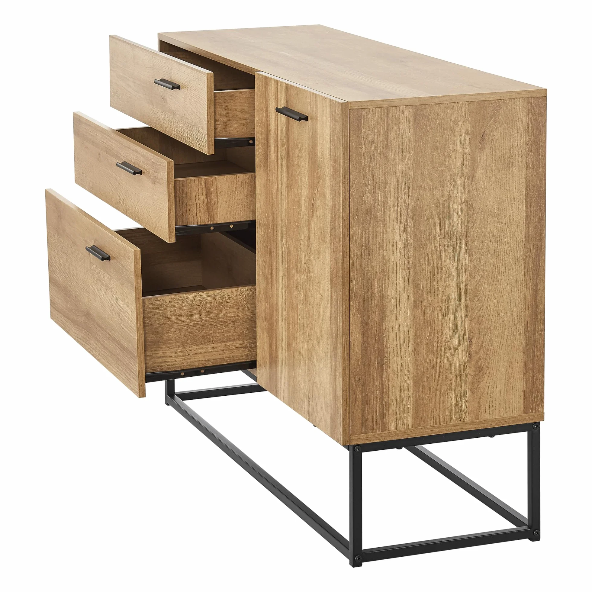 [en.casa] Aparador Lavangen Mueble de Salón con 3 Cajones y 1 Estante Regulable en Altura Estructura de Metal 75 x 100 x 35 cm - Efecto Roble y Negro