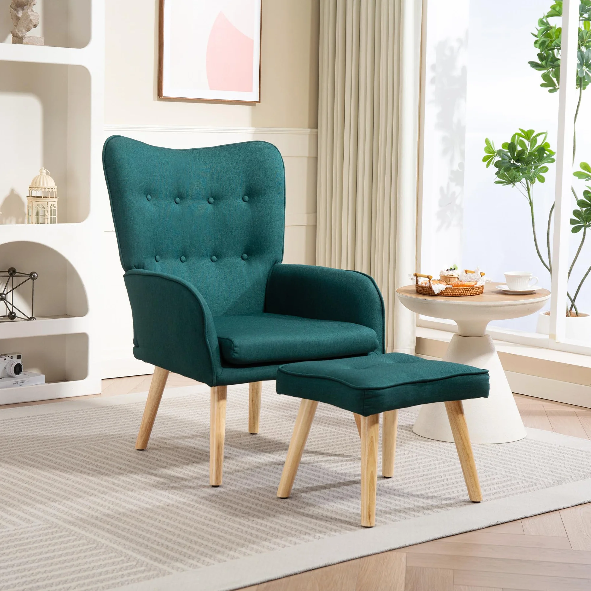 HOMCOM Sillón con Reposapiés Sillón Lectura con Respaldo Alto Capitoné Asiento Amplio Patas de Madera y Tapizado en Lino Butaca para Salón Dormitorio Oficina Verde Oscuro