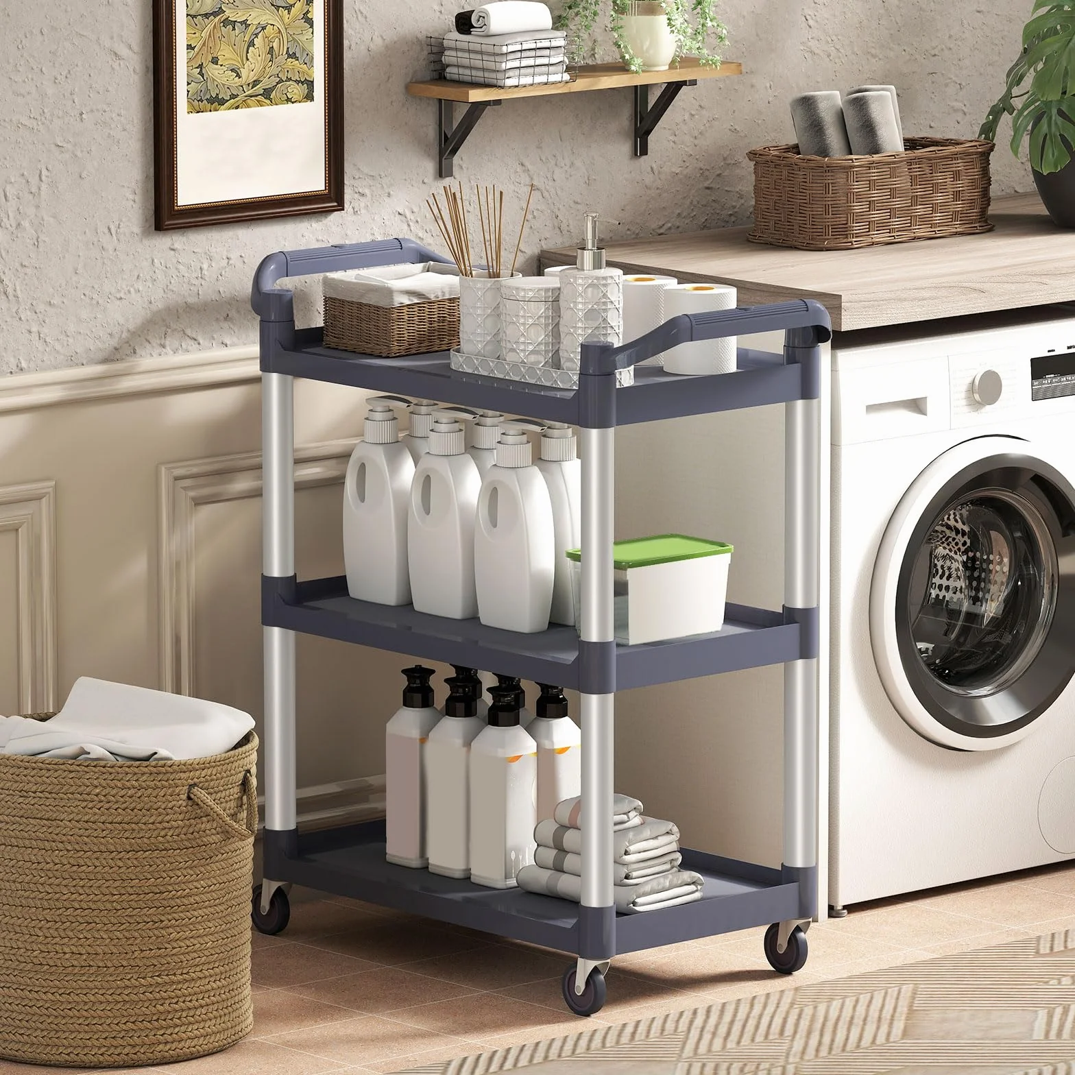 HOMCOM Carrito Auxiliar con Ruedas de 3 Niveles, Marco de Aleación de Aluminio, Carrito de Cocina, Carga de 35 kg por Estante, para Comedor, Sala, Baño, 88x44x93 cm, Gris