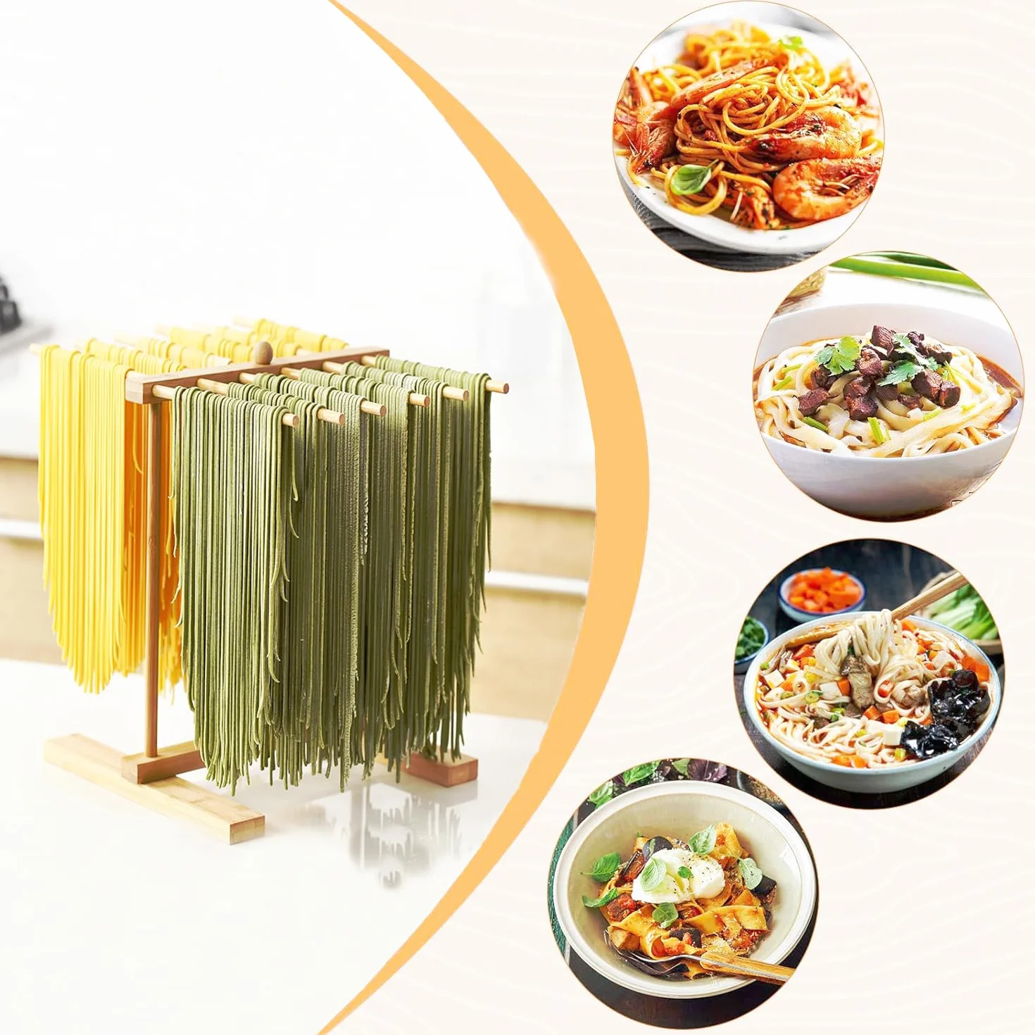 Secador De Pasta, Bastidor De Madera para Secar Fideos con Barra De Transferencia Y 12 Varillas De Secado, Gran Capacidad Y Plegable, para Fideos Italianos Y Fideos Chinos