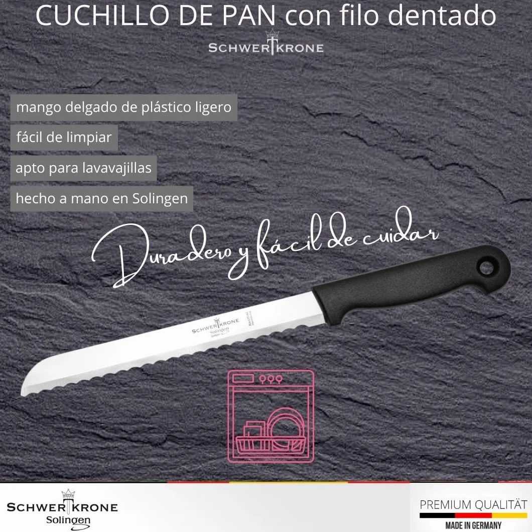 Schwertkrone Solingen - Cuchillo de pan con filo ondulado (acero inoxidable, hoja de 19 cm, apto para lavavajillas, fabricado en Alemania)