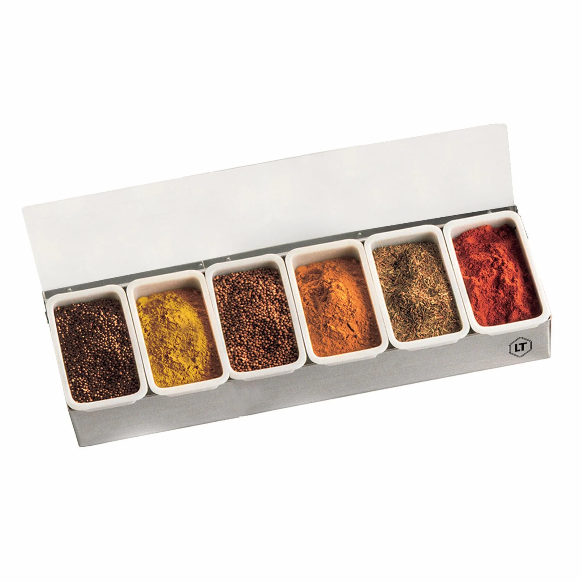 LOUIS TELLIER – Caja de especias y condimentos con 6 compartimentos – INOX – Práctico expositor y dispensador para especias, ingredientes y rellenos a mano – Calidad profesional