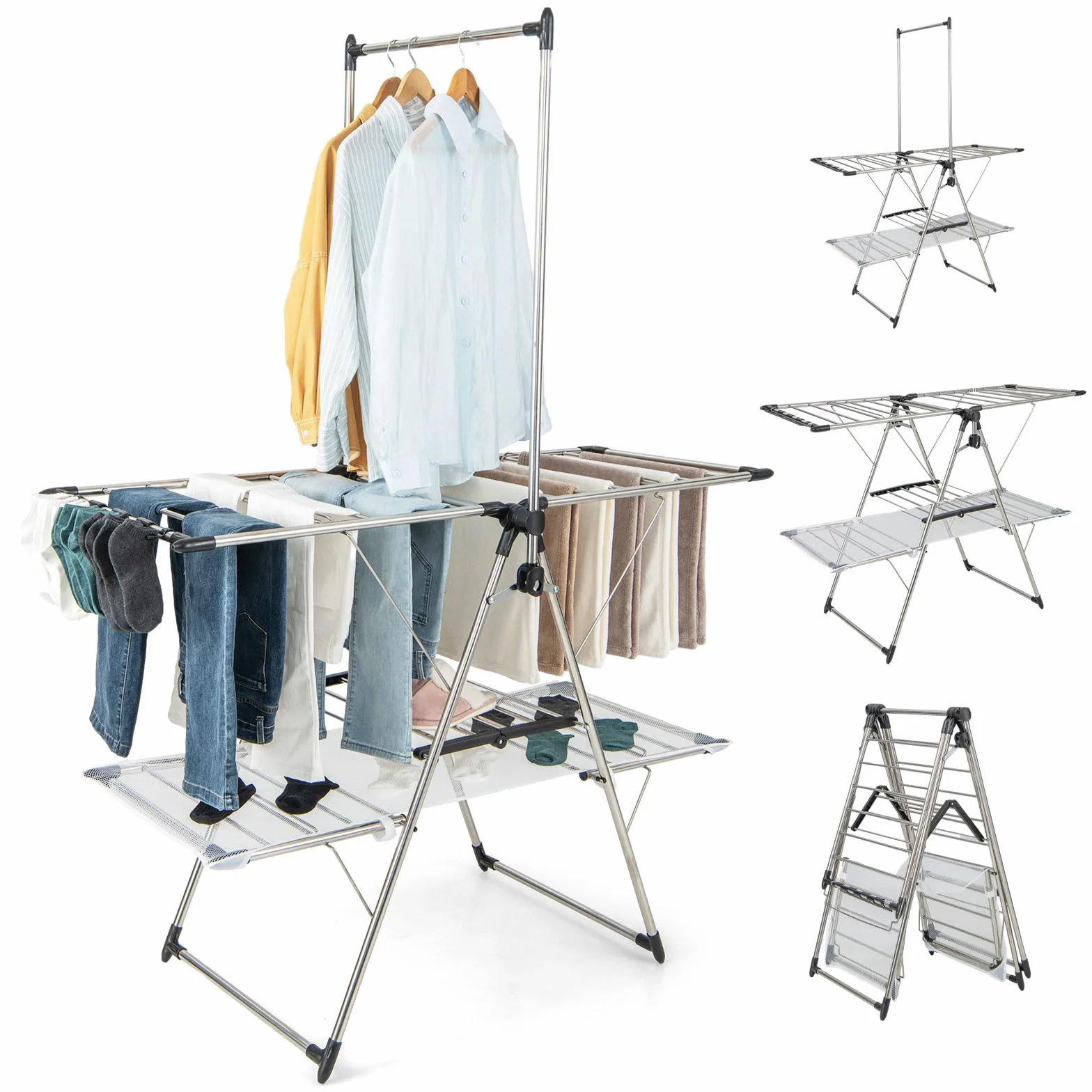 GOPLUS Tendedero Plegable, Soporte de Ropa Vertical con Barra de Colgar, Alas Ajustables 70-140 cm, Pinzas para Calcetines, Tela de Malla y Ganchos para Zapatos, Tendedor Extensible Interior Exterior