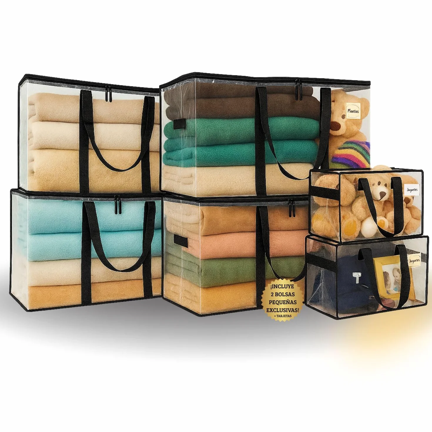 Bolsas de Mudanza Grandes 4+2 Pequeñas – Resistentes con Cremallera Doble y Asas Reforzadas – Impermeables, Plegables y Reutilizables – Alternativa a Cajas de Mudanza y Almacenaje Ropa