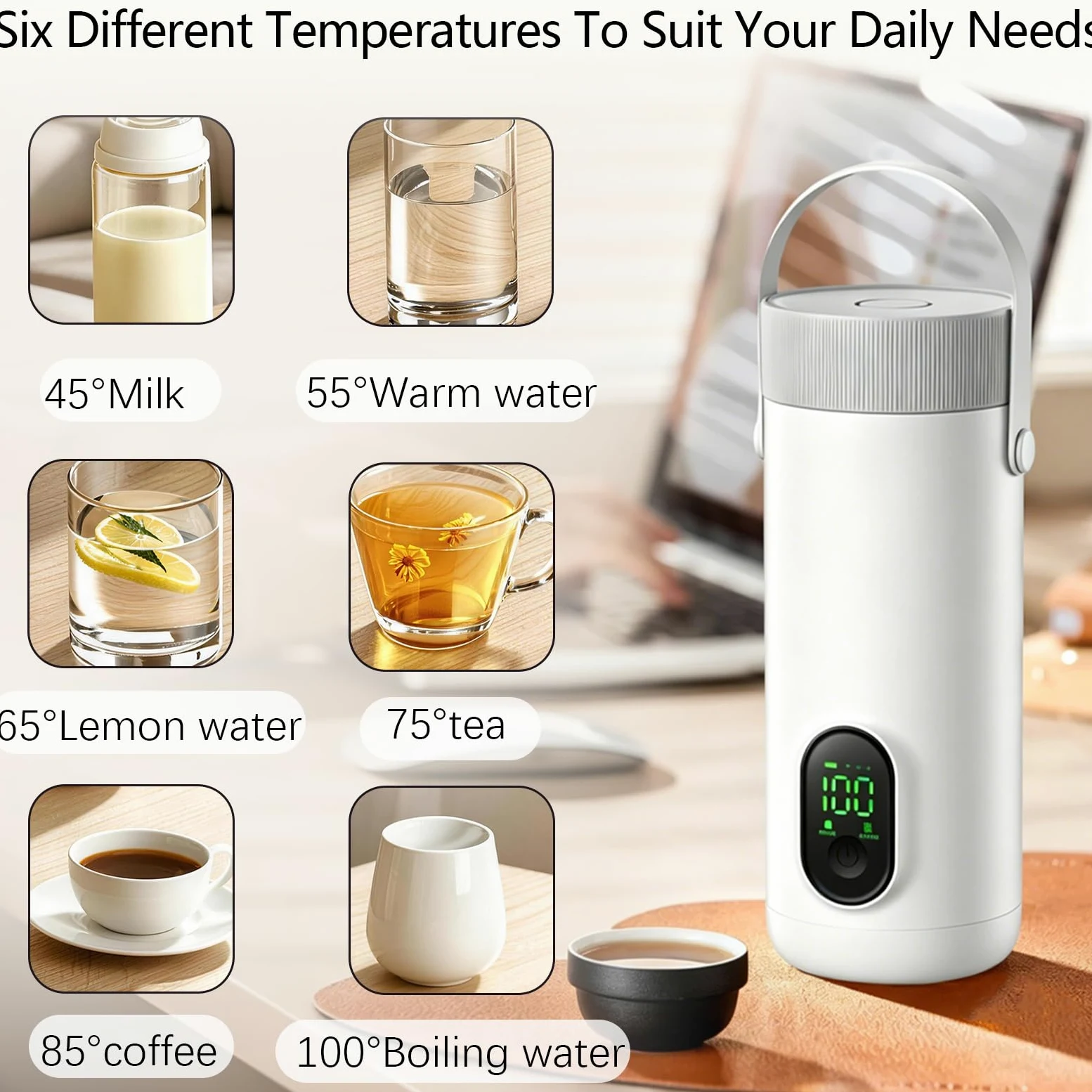 Hervidor Eléctrico Portátil, 500ml Pequeño Hervidor de Agua Eléctrico, 6 Ajustes de Temperatura, Acero Inoxidable 304, Calentamiento Rápido en 15 Minutos, para Hacer Leche Café Té