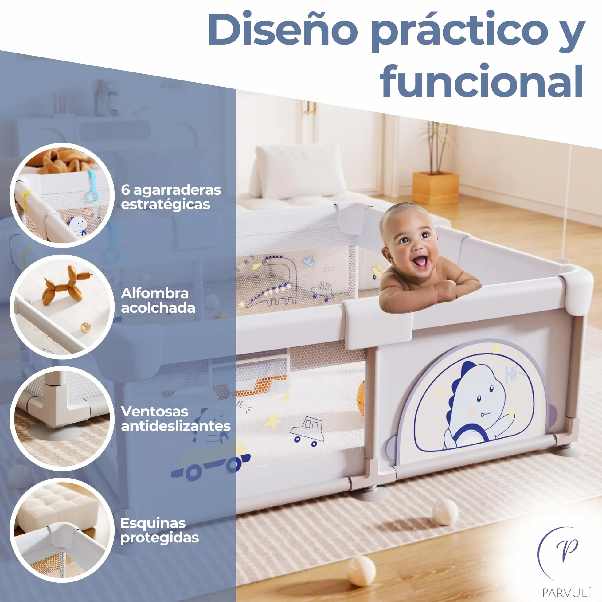 PARVULI Parque Infantil Bebe 120x120cm con Alfombra Acolchada, 6 Agarraderas, Canasta, Bolsa — Corralito Bebe Casa Malla Transpirable