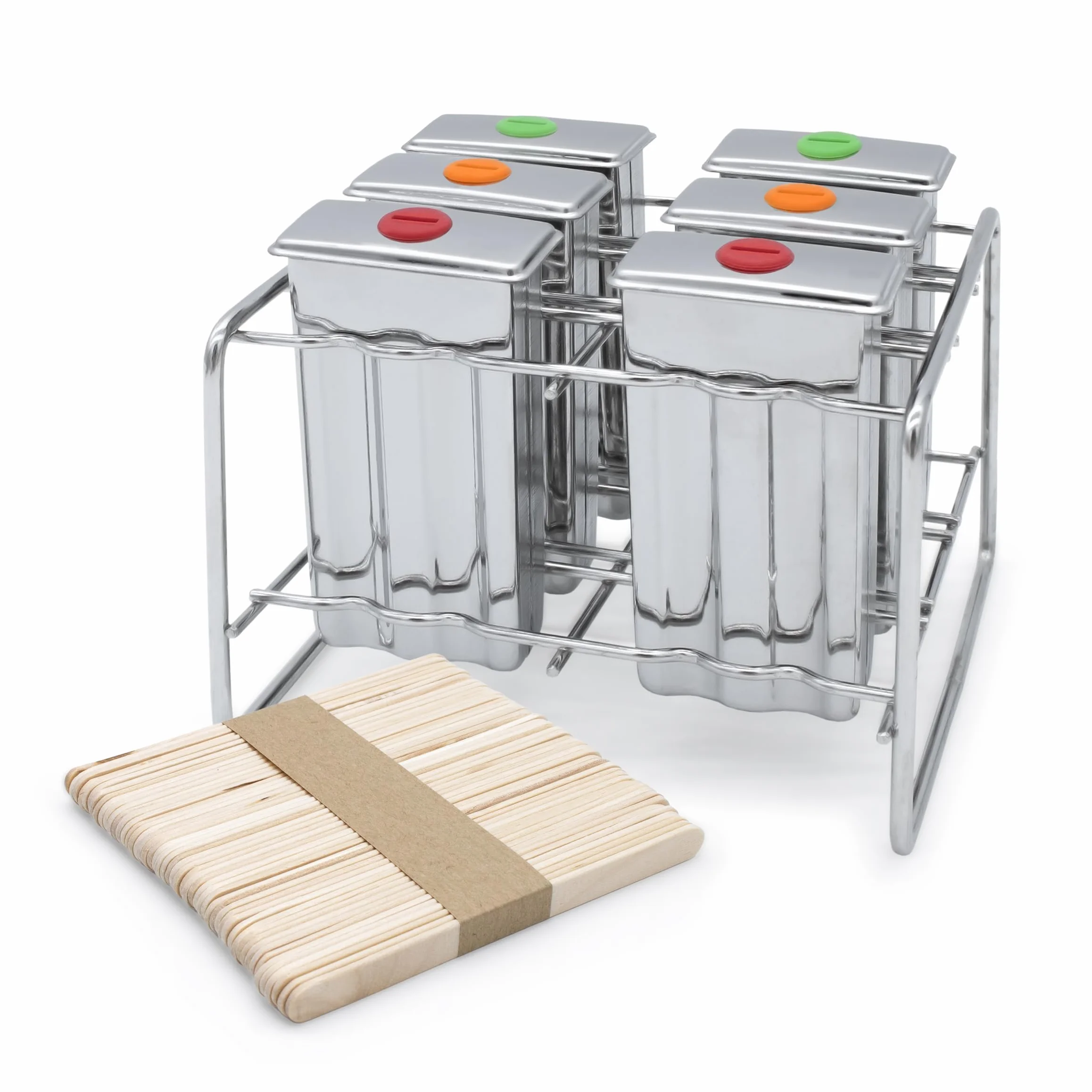 Moldes de hielo de acero inoxidable reutilizables, incluye 50 palitos de helado de madera, juego de 6 unidades, molde con soporte de metal para paletas de hielo, moldes de hielo de agua, aptos para